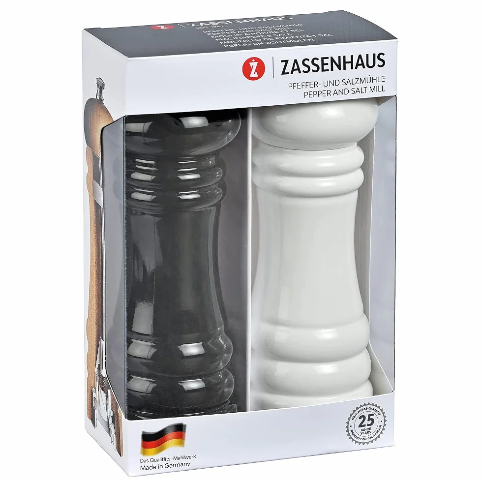 Zassenhaus Zestaw młynków BERLIN drewno bukowe czarny biały ceramiczny mechanizm Ø 5,9 cm wys. 18 cm