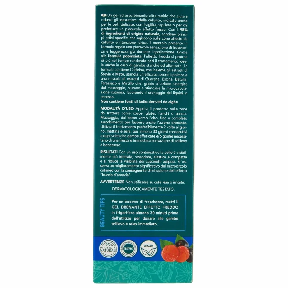 GEOMAR | Żel drenujący z efektem zimna, przeciw niedoskonałościom cellulitu, dostarcza lekkie nogi, 95% składników pochodzenia naturalnego, wyprodukowane we Włoszech, 200 ml