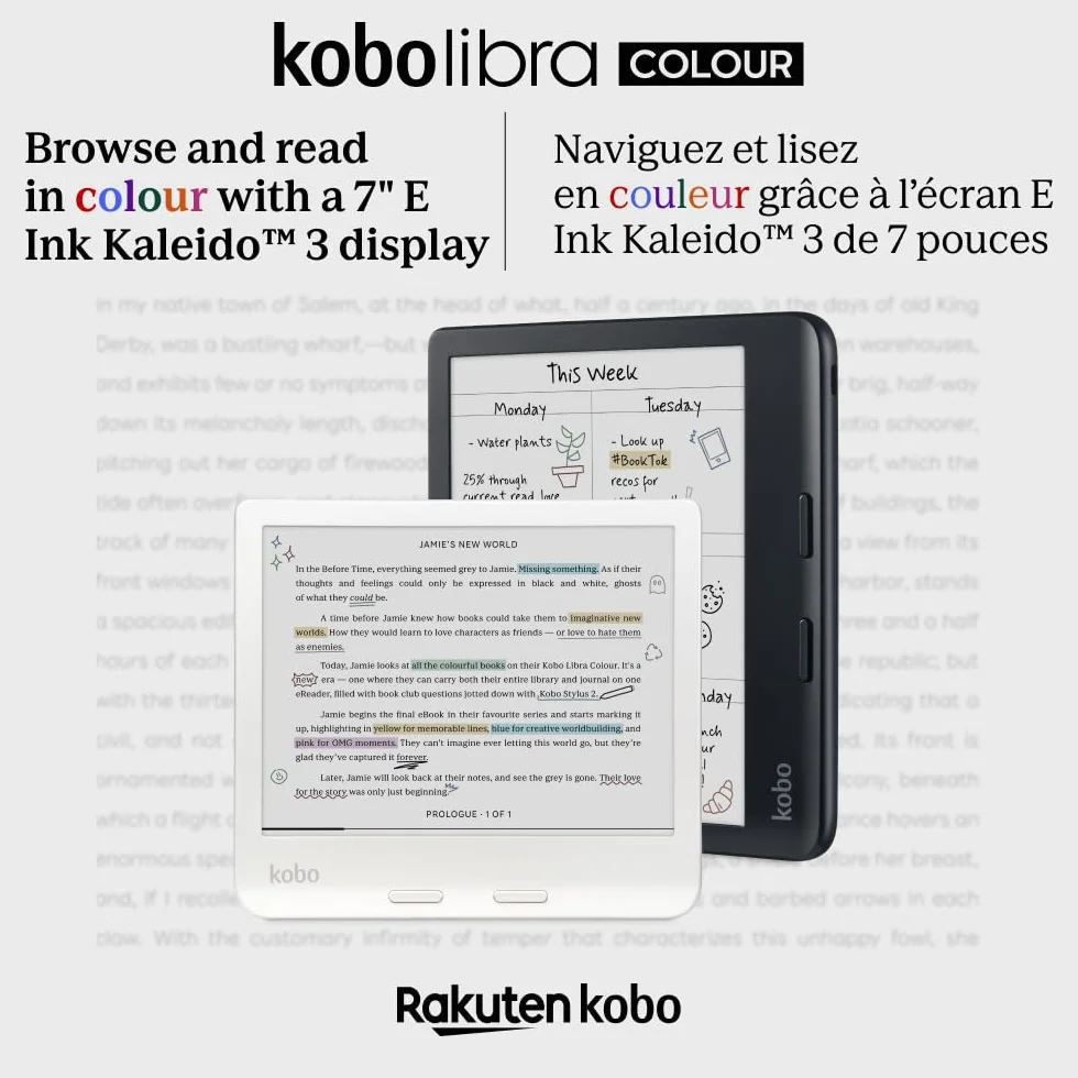 Kobo Libra Colour | eReader | E Ink Kaleido™ 3 7" kolorowy wyświetlacz antyrefleksyjny | Tryb ciemny | Audiobooki | Wodoodporny (biały)