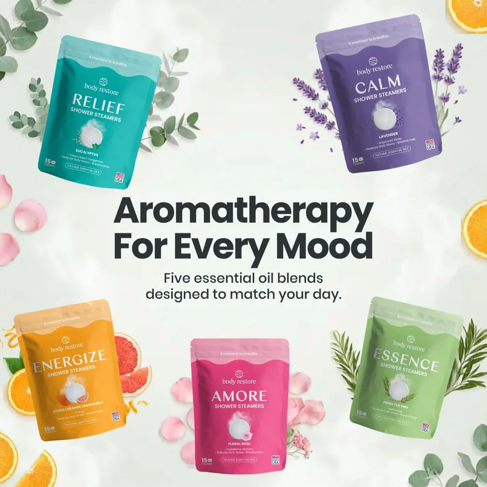 Body Restore Parowary pod prysznic, aromaterapia, 15 sztuk, relaksujące prezenty urodzinowe dla kobiet i mężczyzn, niezbędne akcesoria podróżne, ulga w stresie i samoopiece - Essence