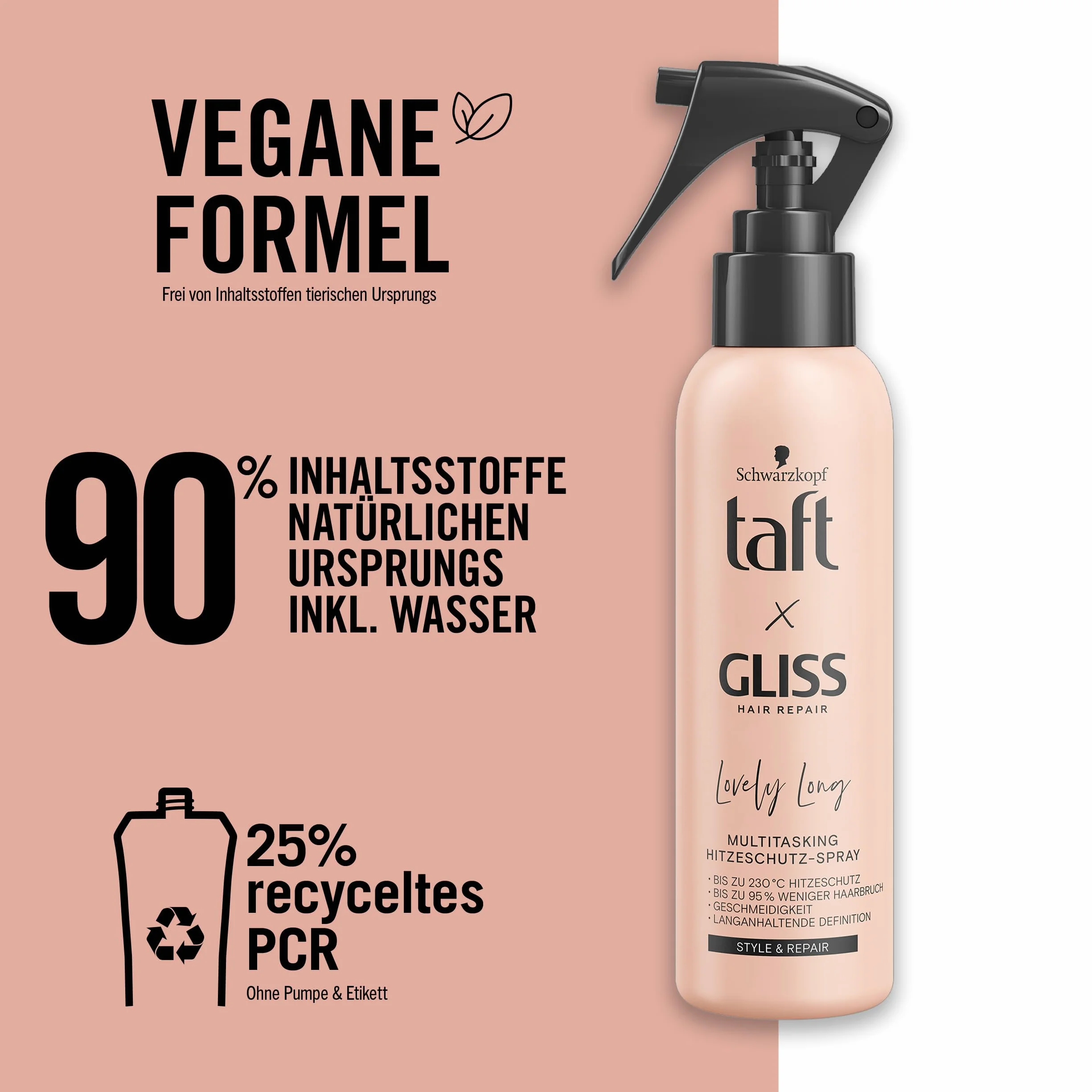 Taft x Gliss Lovely Long spray chroniący przed wysoką temperaturą (150 ml), wielozadaniowy spray zapewnia ochronę przed wysoką temperaturą do 230°, ochronę przed rozdwajaniem się końcówek i długo