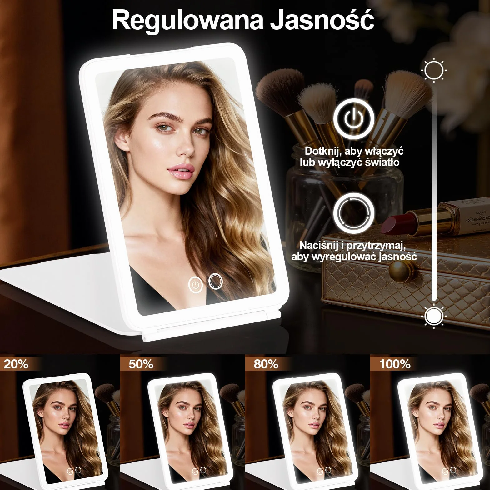 Przenośne Podświetlane lusterko Kosmetyczne 2000 mAh Akumulatorowe lusterka Podróżne do Makijażu z 72 Diodami LED, 3 Trybami Podświetlenia, Składane lusterko Kosmetyczne LED na Blat