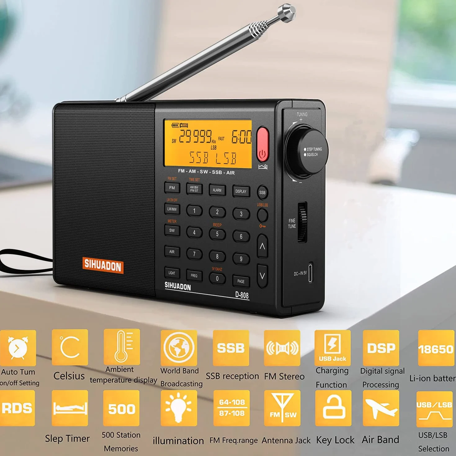 Przenośne radio cyfrowe SIHUADON D808 FM Stereofoniczny KW MW LW SSB AirBand wielopasmowy głośnik radiowy wyświetlacz LCD budzik wyłącznik czasowy czarny