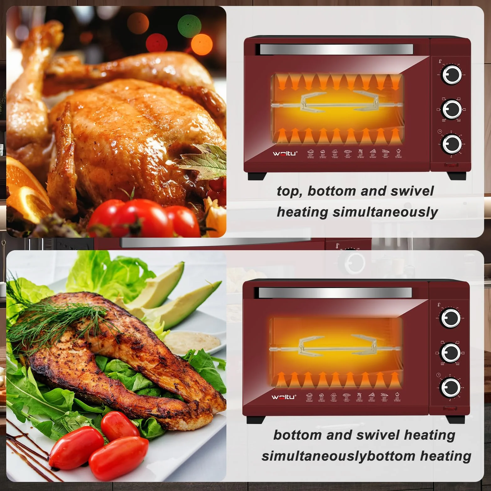 WOLTU mini piekarnik 32 litry, toster 1600 Watt | Piec do pizzy | Wyjmowana tacka na okruchy z minipiekarnikiem z timerem do pizzy, tostów, indyka, hot-dogów, czarny + czerwony