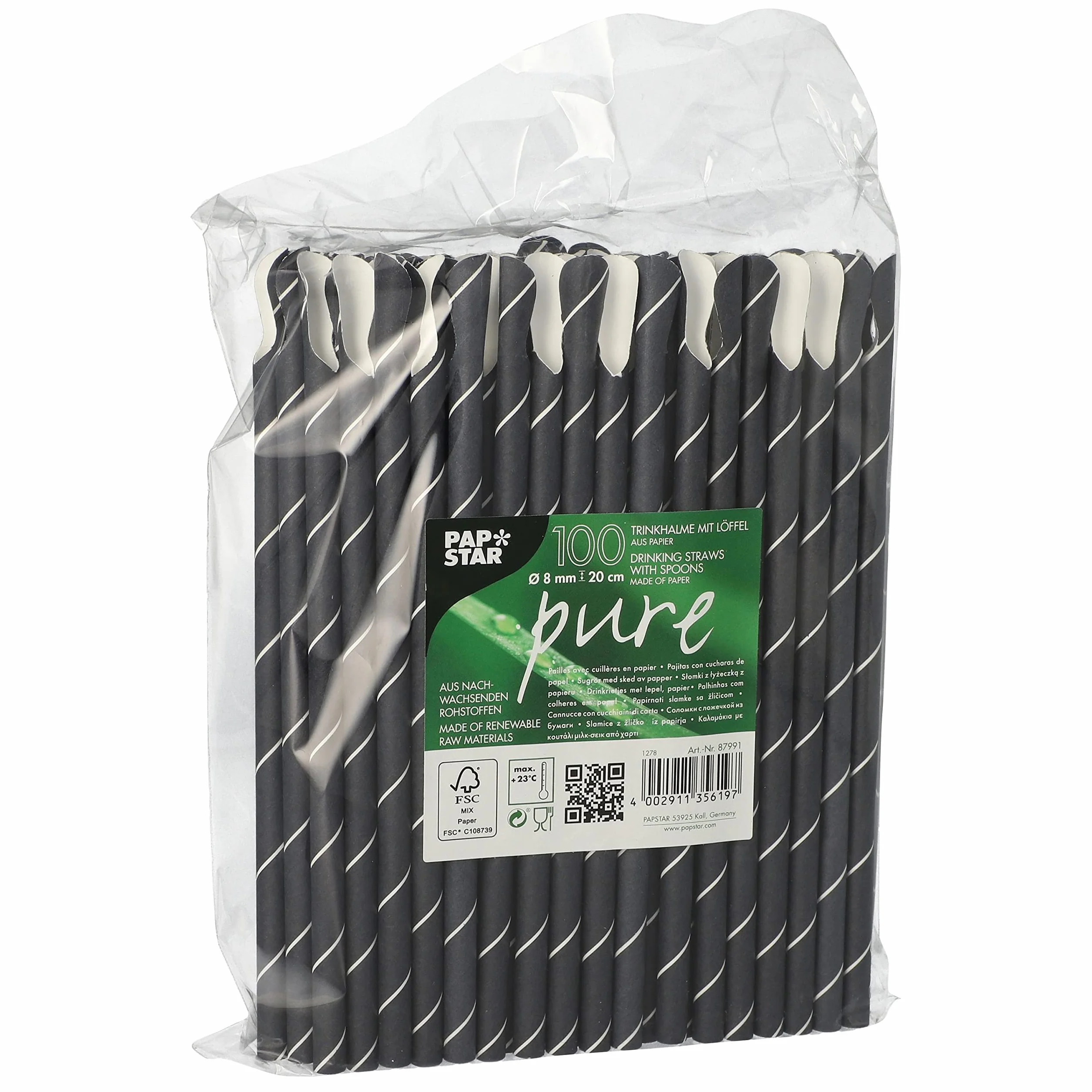 Papstar papierowy Słomki do picia z łyżeczką, Ø 8 mm, 20 cm, czarne/białe "Stripes", 100 sztuk