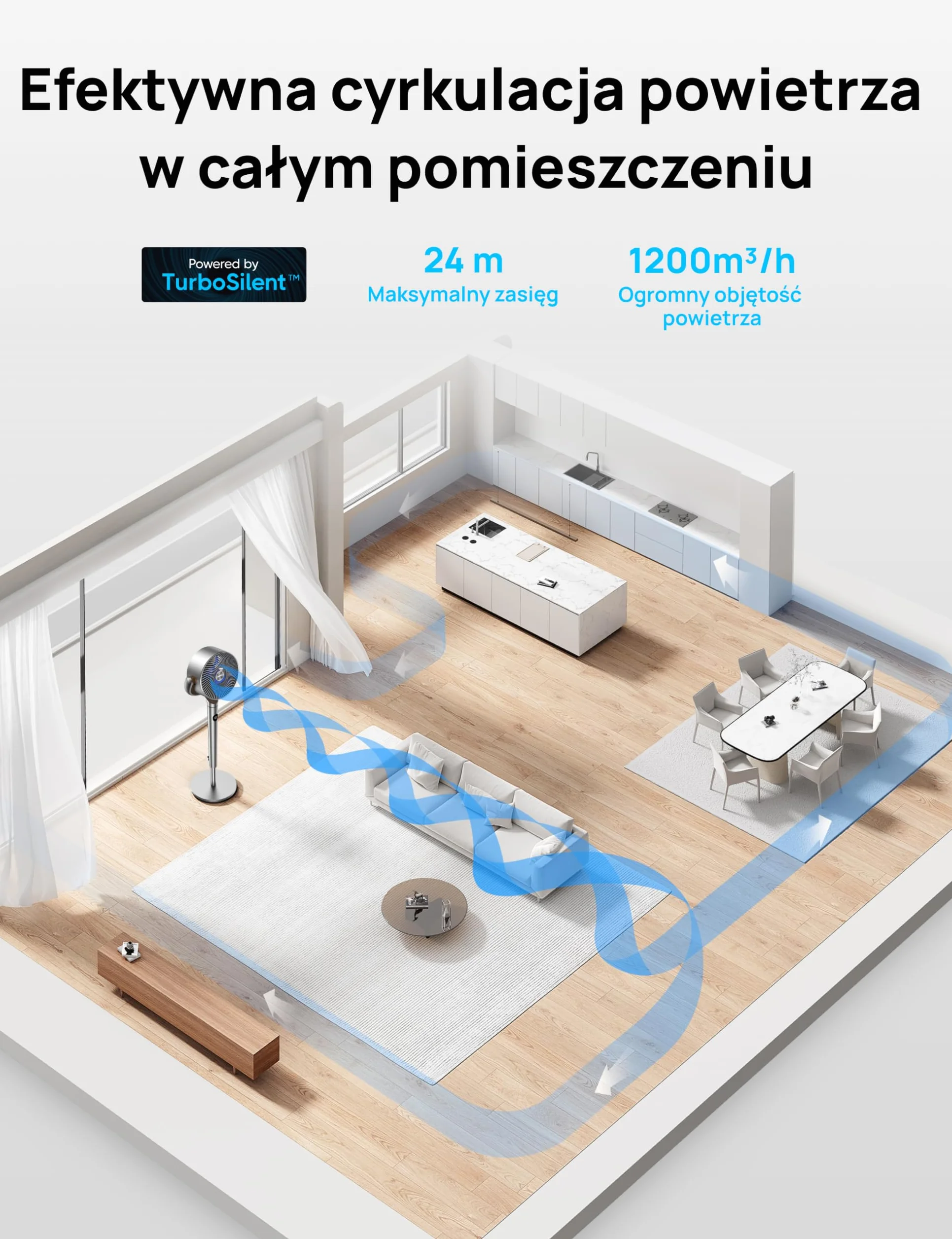 Dreo 23dB inteligentne cichy wentylator stojący, zasięg wiatru 24M, objętość powietrza 1200m³/h, turbo cyrkulator, wysokość 102CM, oscylujący wentylator 120°+120°, 6 trybów, 8 prędkości, PolyFan 502S