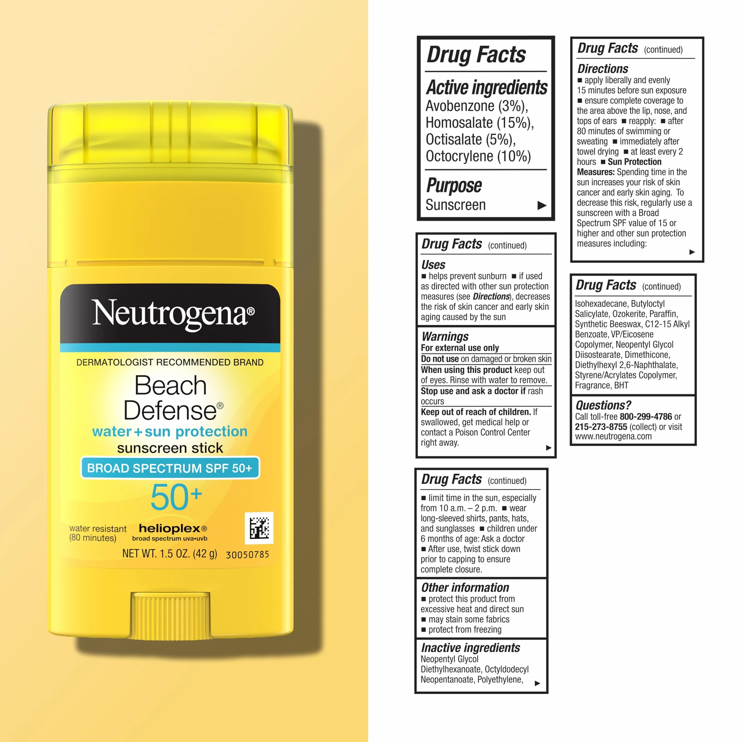 Neutrogena Beach Defense Sunscreen Stick with Broad Spectrum SPF 50+, Lightweight Water-Resistant Sunscreen with Oil-Free & PABA-Free Formula, 1.5 oz
