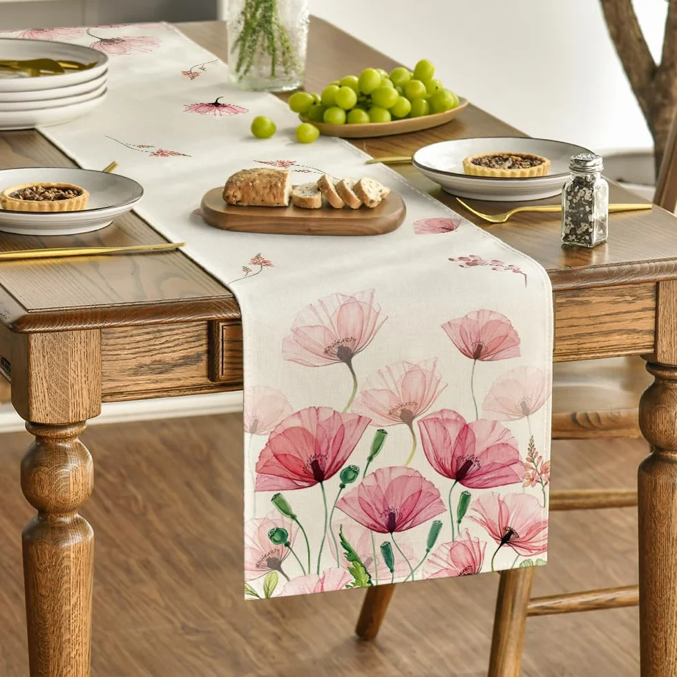 Artoid Mode Bieżnik stołowy z liśćmi maku polnego na wiosnę, lato, sezonowa dekoracja stołu w kuchni, na urlop, imprezę, 40 x 140 cm