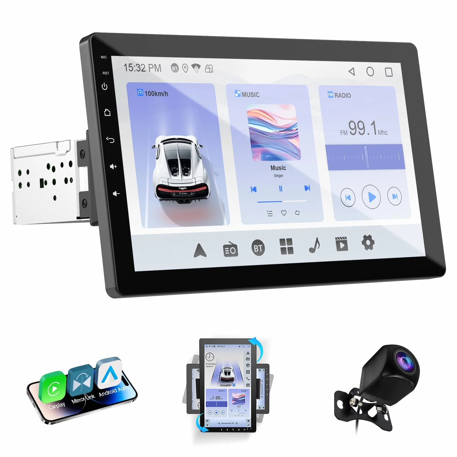 Haudio Obrotowe Radio Samochodowe 360°, Stereo 1 DIN z Funkcją Carplay i Android Auto, 10,1 Calowy Ekran IPS do Odtwarzania z GPS, Mirror Link, Sterowanie Głosowe, Radio RDS/FM/AM, Tylna Kamera 720P