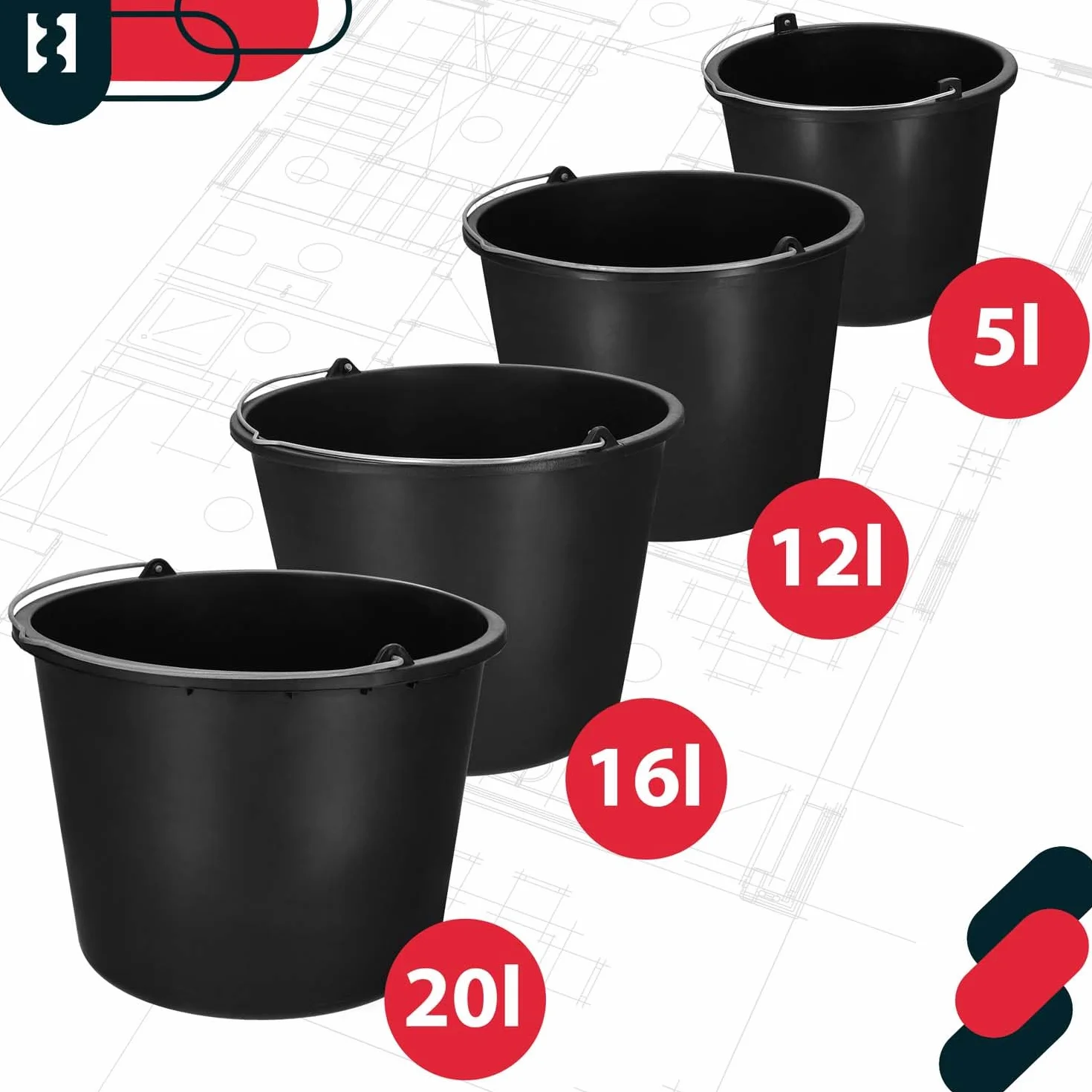 Zestaw 5 plastikowych wiader konstrukcyjnych 5 l czarny KOTARBAU