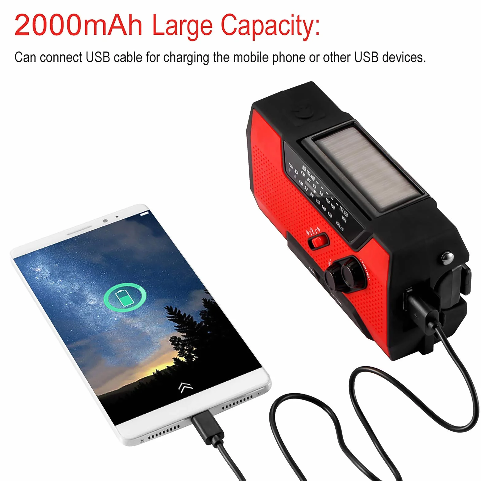 Radio korbowe awaryjne, FORNORM radio solarne 2000 mAh power bank radioodtwarzane z ładowarką do telefonu i 4 lampami do czytania, AM/FM/7 NOAA, 4 metody zasilania, czerwone
