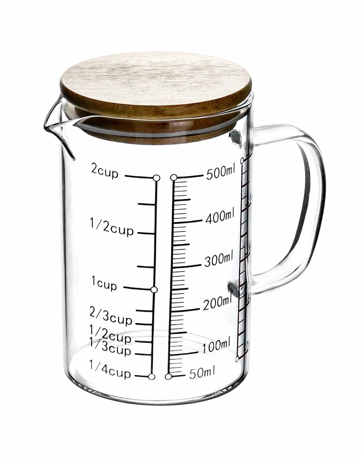 QWORK 500ml Szkło borokrzemowe Miara z bambusową pokrywką, odporne na temperaturę, mikrofalowa, piekarnik
