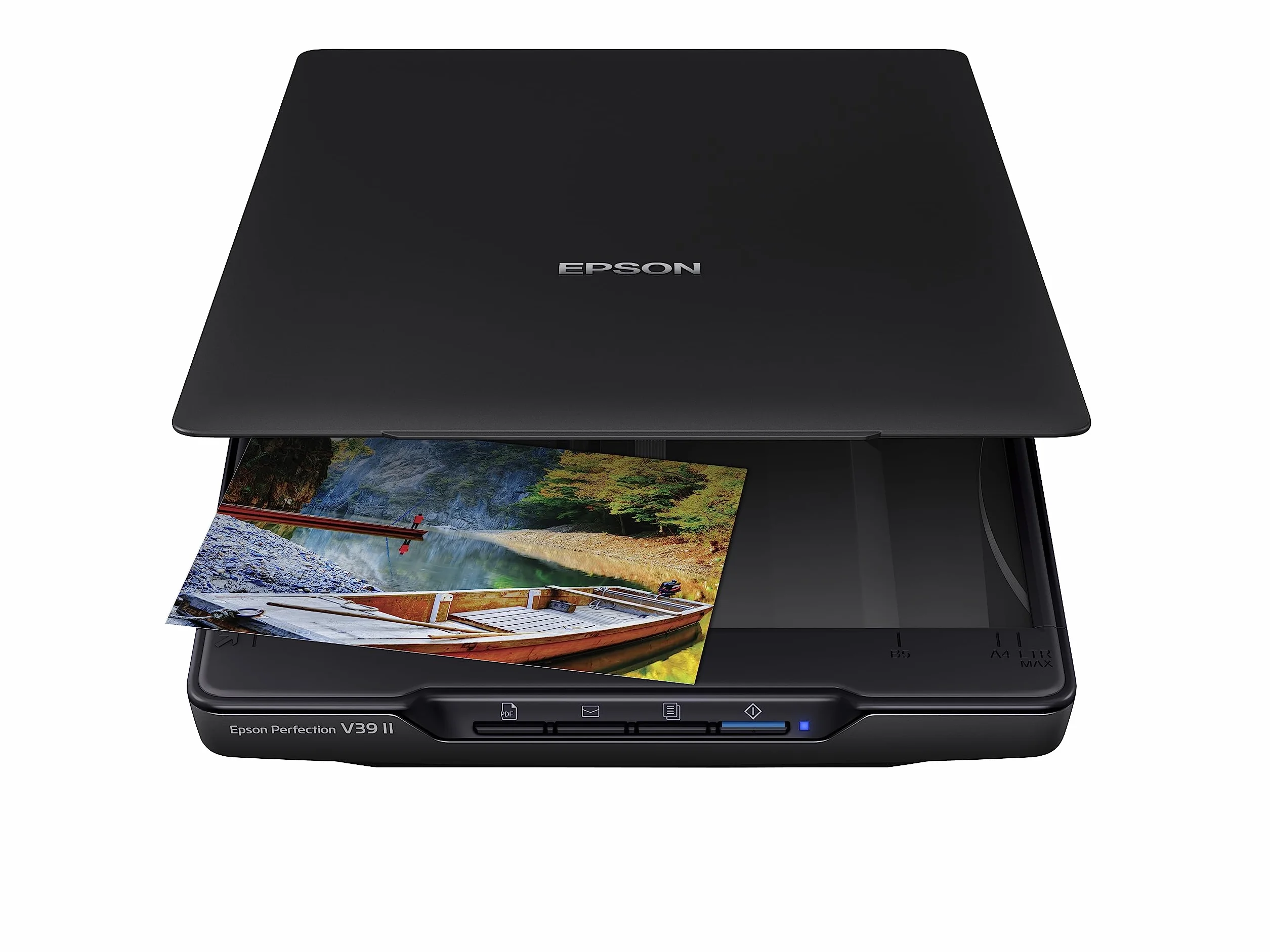 Epson Perfection V39 II kolorowy skaner płaski do zdjęć i dokumentów o rozdzielczości optycznej 4800 dpi, skanowanie do chmury, zasilanie USB i wysoki stan, zdejmowana pokrywa