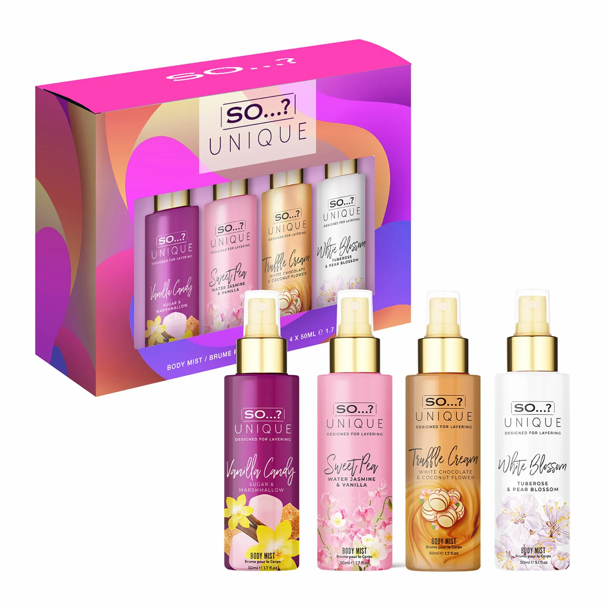 So…? Unikalny damski zestaw upominkowy Mini Mist z cukierkami waniliowymi, groszkiem cukrowym, kremem truflowym i kaszmirem, zestaw zapachowy mgły do ciała (4 x 50 ml)