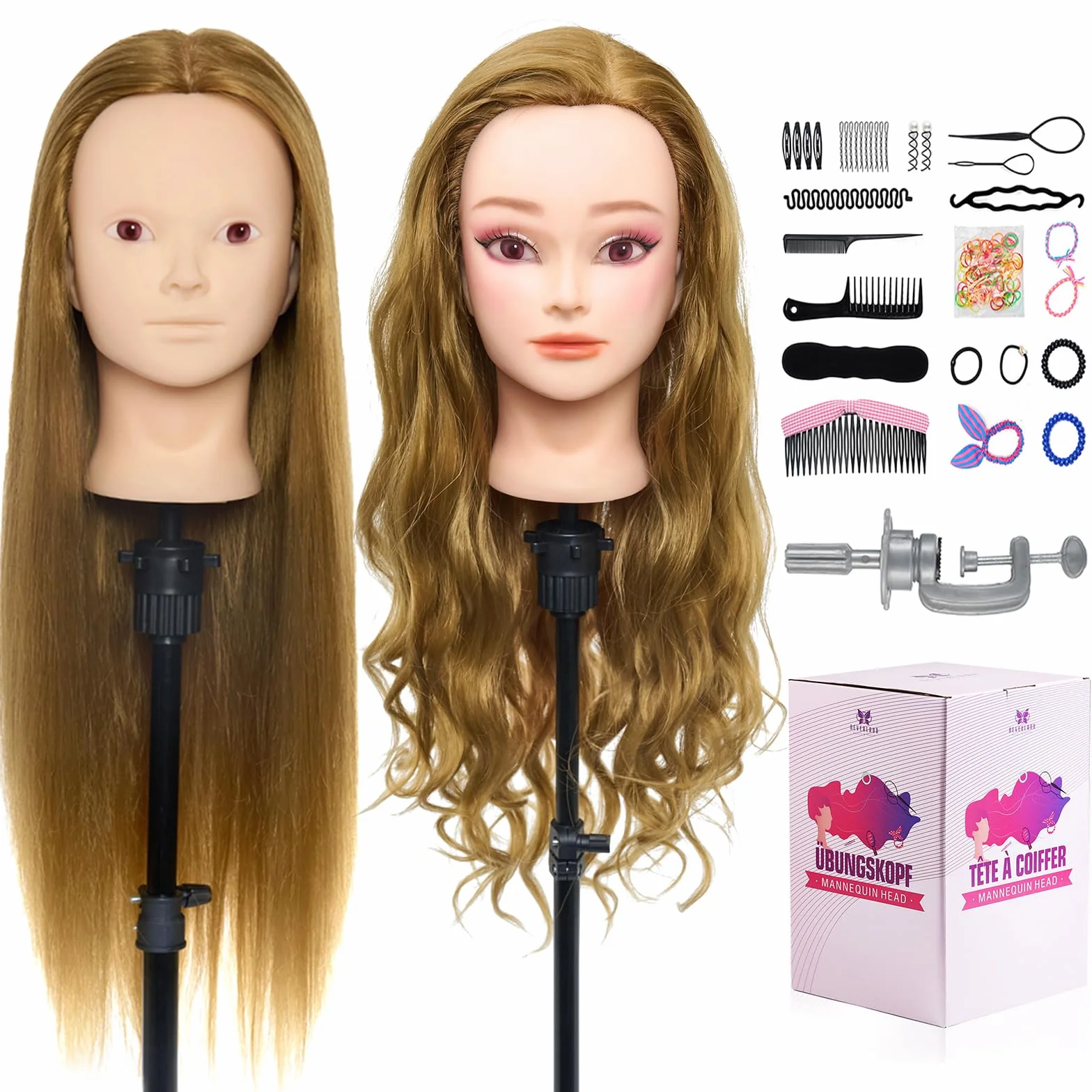 Neverland Głowa treningowa, fryzjerska głowica do stylizacji 61 cm, brązowa, 50% prawdziwe włosy, kosmetologia, fryzjerski, manekin, głowa lalki z funkcją makijażu, zestaw warkoczy, zacisk stołowy