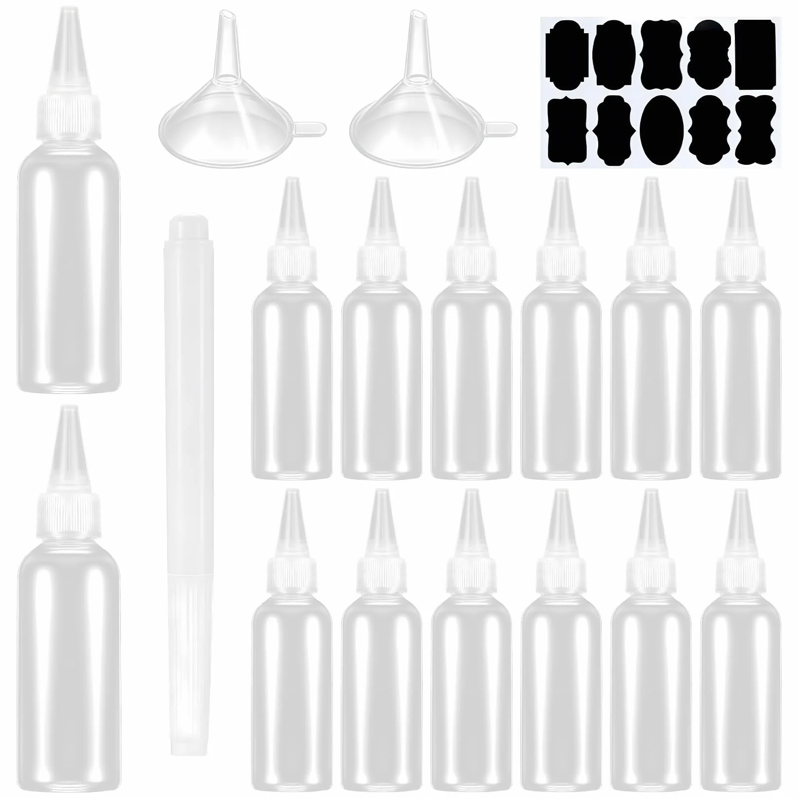 14 sztuk 100 ml butelki do wyciskania, aplikator, butelki do wyciskania 100 ml, małe plastikowe butelki do napełniania, butelki na olej, sos, sos, sos, lejki, etykiety, długopisy, 14 sztuk