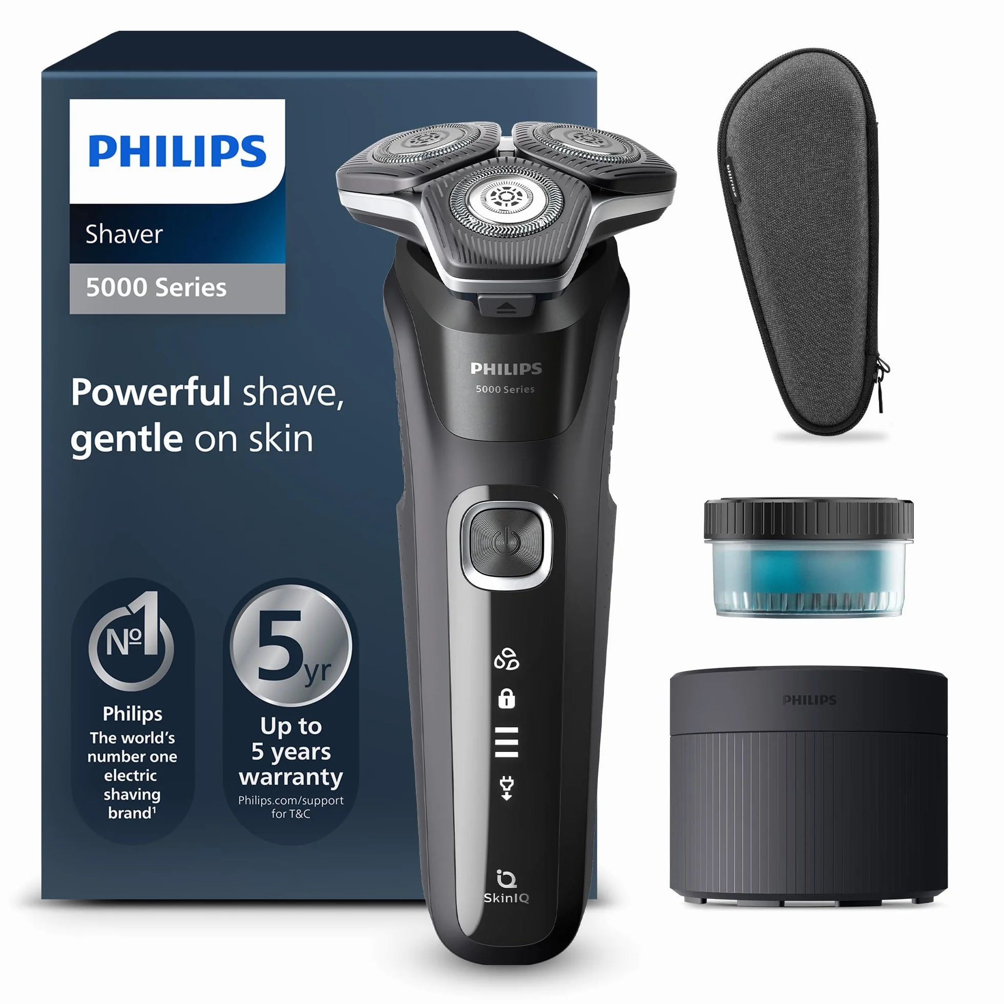 Philips Shaver Series 5000 - męska golarka elektryczna do golenia na mokro i na sucho, z technologią SkinIQ, trymer Pop-up, etui podróżne, szybkie czyszczenie kapsułki i wkład do szybkiego czyszczenia