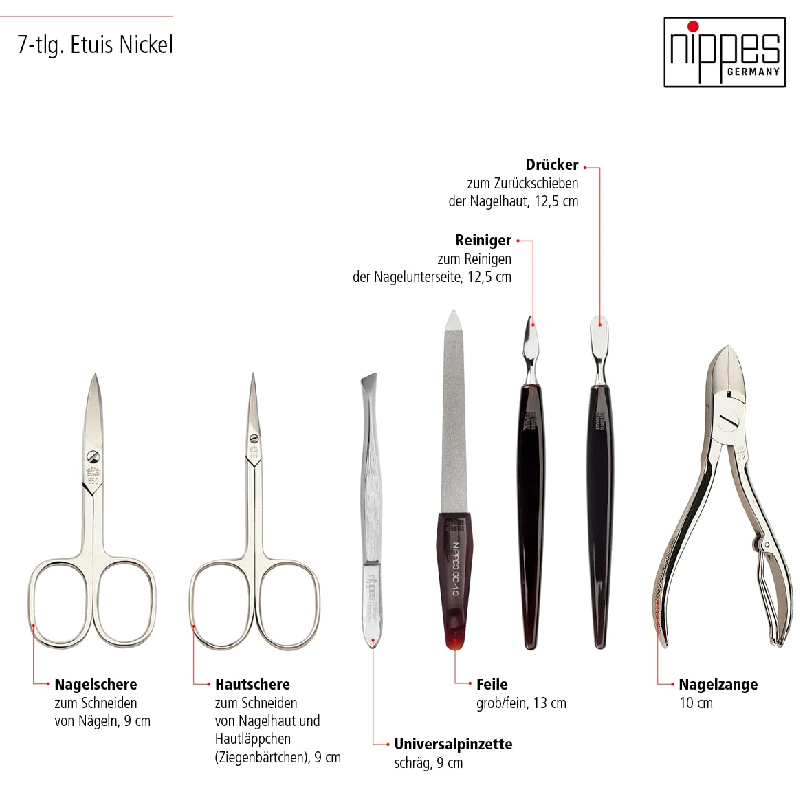 nippes Solingen Premium Line zestaw do manicure Seam, 7-częściowy, stal nierdzewna, niklowana i nierdzewna, czarne etui na paznokcie ze skóry bydlęcej z kontrastowymi paskami, zestaw do pielęgnacji