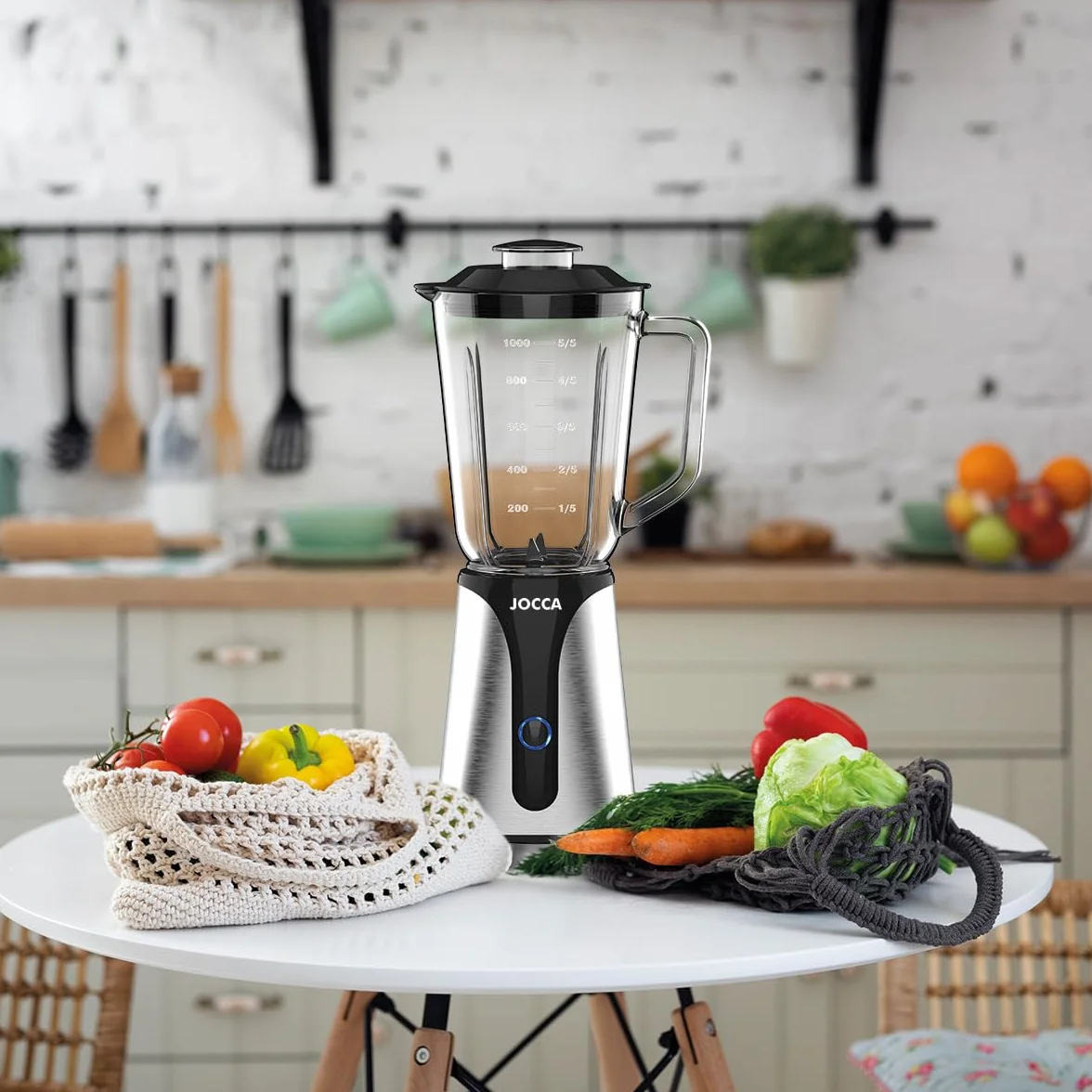 JOCCA - Mikser szklany z butelką podróżną/moc 350 W, blender/dzbanek 1L i butelka 600 Ml/światło LED, zdejmowana pokrywa, ostrza ze stali nierdzewnej (dzbanek + butelka 350 W)