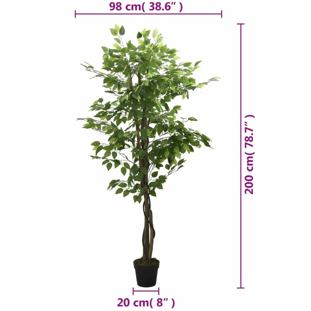Sztuczne drzewko ficus 200 cm z 1260 liśćmi z pnia drewnianego PEVA i doniczką z tworzywa sztucznego, realistyczne, łatwe w pielęgnacji, do salonu, biura, na balkon, do użytku wewnątrz i na
