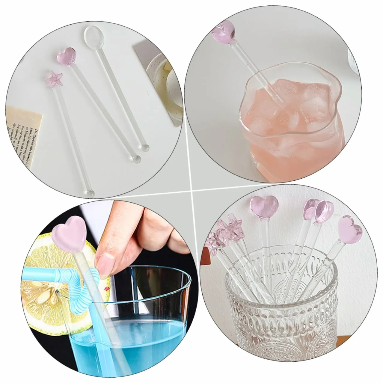COLLBATH 4 sztuki Przezroczyste Szklane Pałeczki do Mieszania Drinków Koktajli z Ergonomicznym Uchwytami