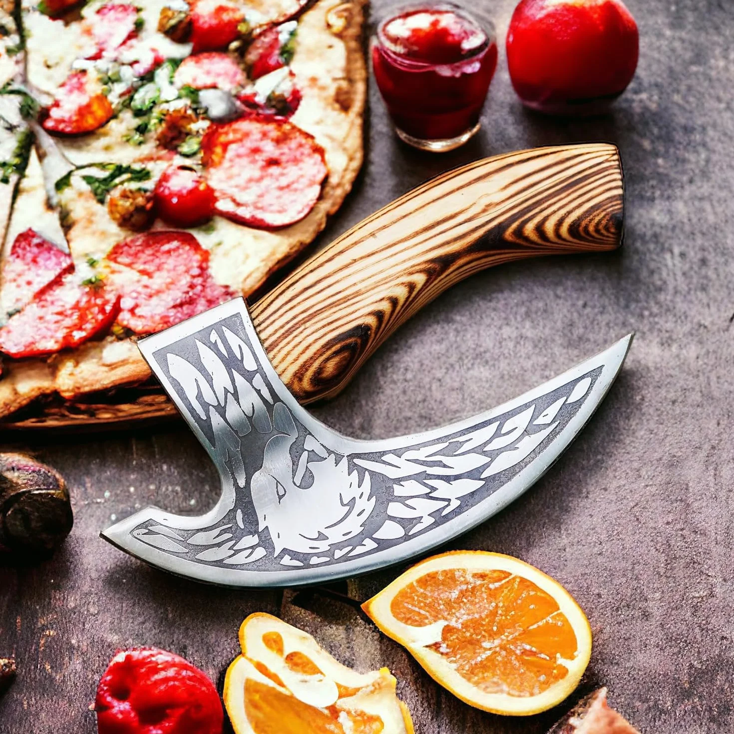 Ostrze do pizzy Wikingów ze stali węglowej z uchwytem z drewna różanego, głowa orła