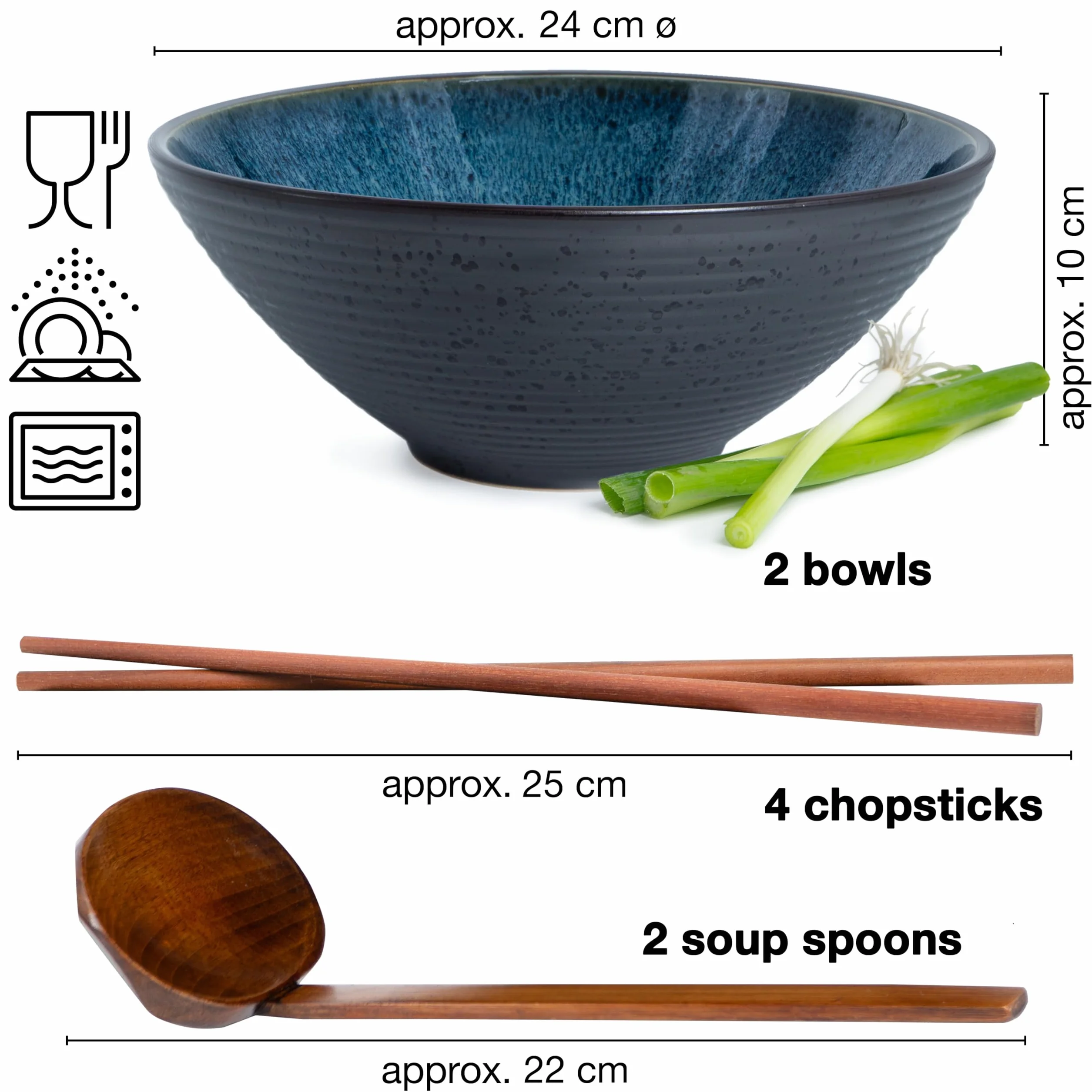 Moritz & Moritz SOLID Ceramiczna Miska Ramen 800-1300 ml Ø 24 cm Niebieski Zestaw dla 2 Osób z Pałeczkami i Łyżeczką