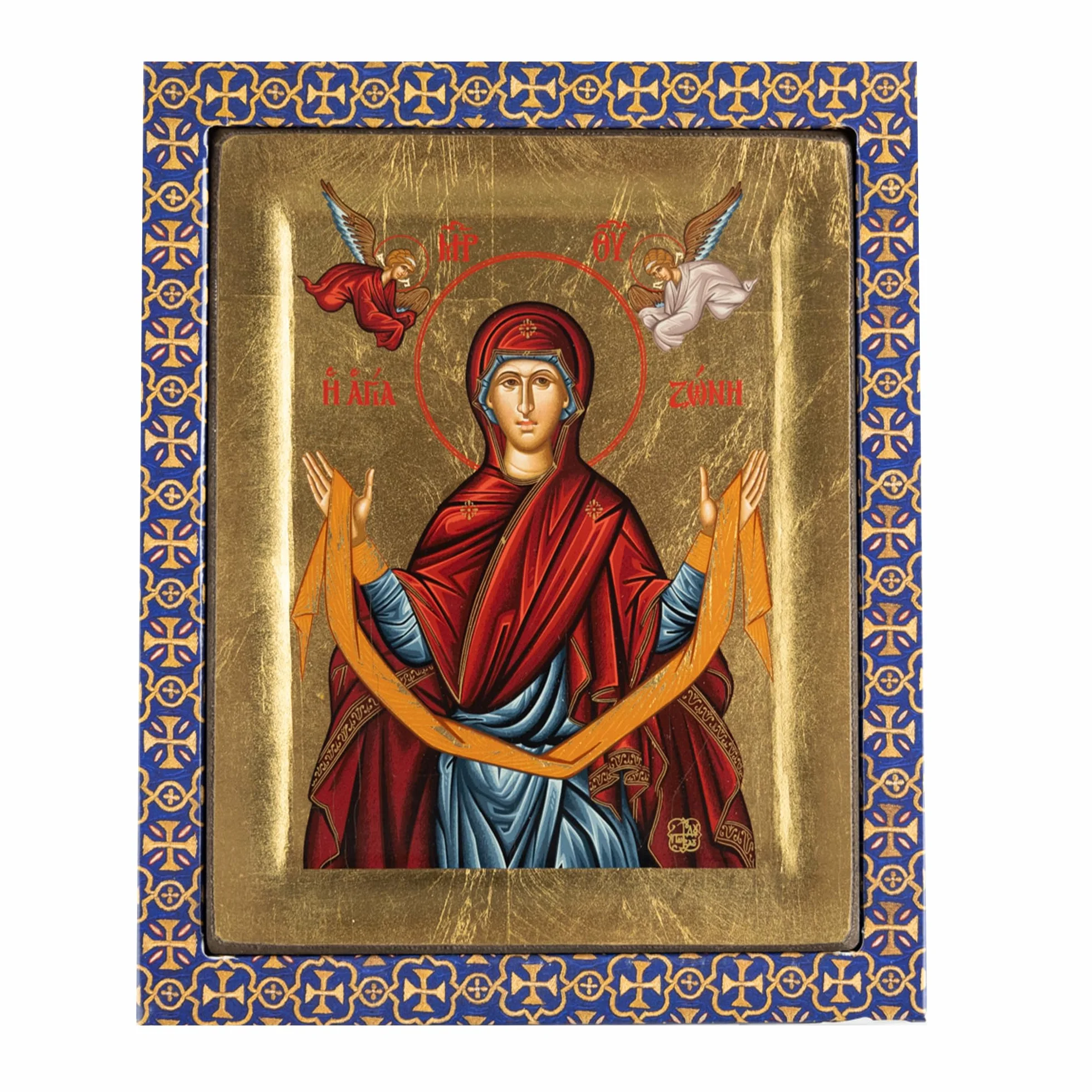 Drewniana ikona Panagia Agia Zoni tłoczona na płótnie ze złotym tłem z góry Athos 19 x 15 cm