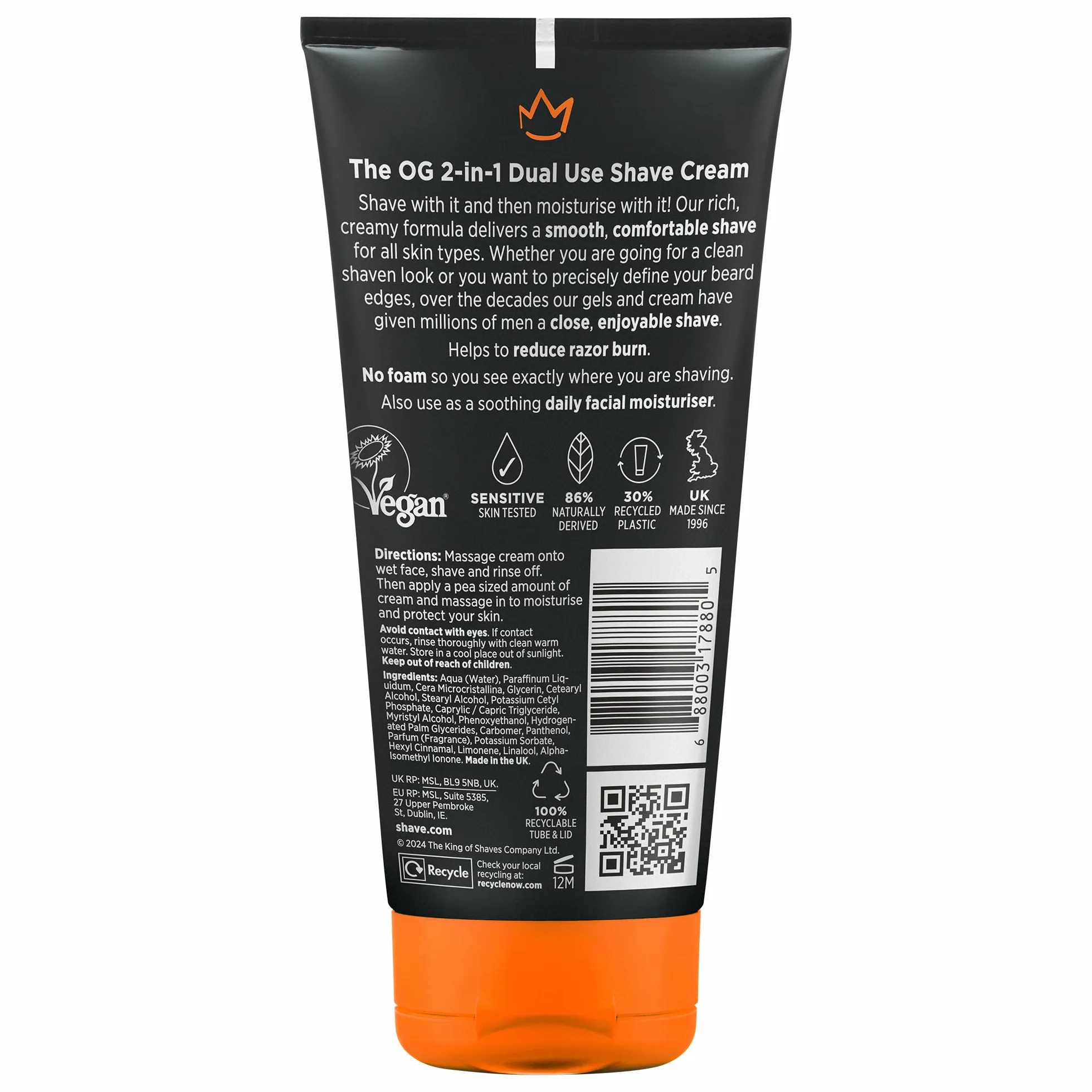 King of Shaves 2 w 1 Krem do golenia bez piany i nawilżacz po goleniu dla mężczyzn, żel do wrażliwej skóry, redukuje podrażnienia, 86% składników naturalnych, 4 x 175ml