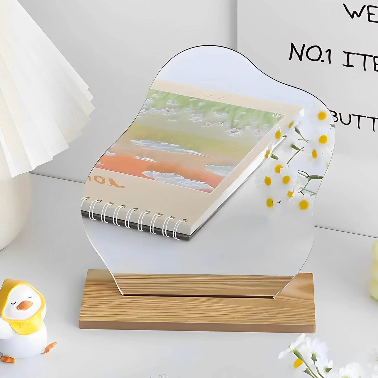 APOMOONS Akrylowe lustro do makijażu, bez ramy, dekoracyjne, nieregularne, małe, z drewnianą podstawą, kosmetyczne lustro do sypialni, salonu, hotelu, pokoju, dekoracja Aesthetic