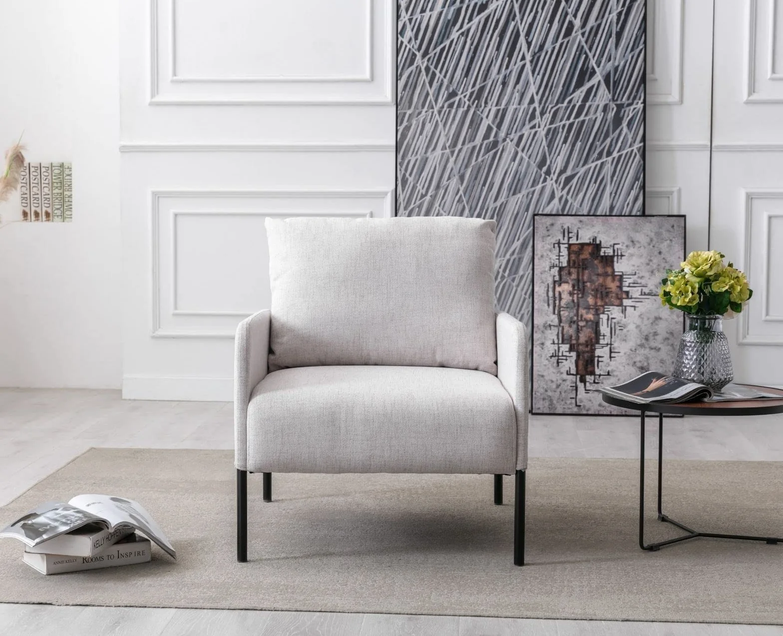 Wahson Lniane krzesło akcentujące, fotel wypoczynkowy, fotel z metalowymi nogami, tapicerowana pojedyncza sofa, okazjonalne krzesło rekreacyjne do sypialni/salonu/czytania, beżowe