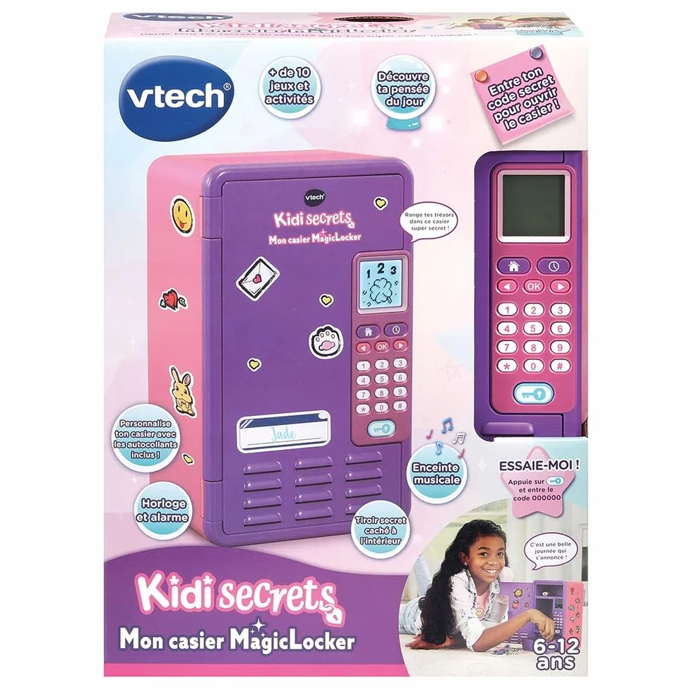 VTech - KidiSecrets, moja fioletowo-różowa szafka MagicLocker, tajny sejf z kodem, w ciąży, gry, budzik, niestandardowe pudełko skarbów, prezent dla dzieci w wieku 6-12 lat - Zawartość w języku