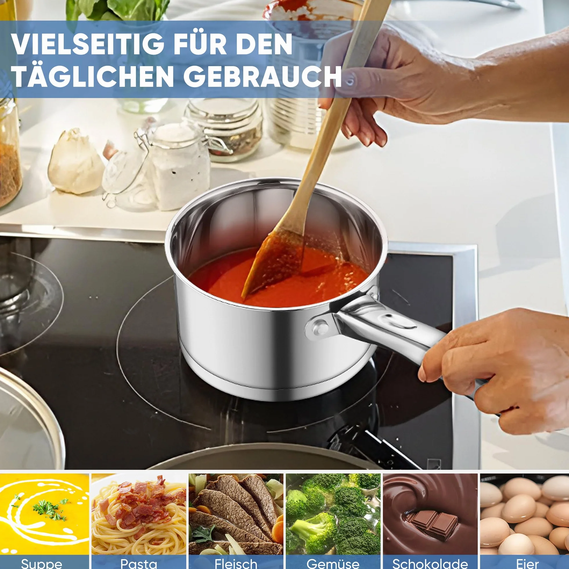 Onader rondel 14 cm, 3-warstwowy dno, stal nierdzewna, garnek do mleka ze szklaną pokrywką, 0,9 l, do wszystkich rodzajów kuchenek, zdrowy i nadaje się do mycia w zmywarce