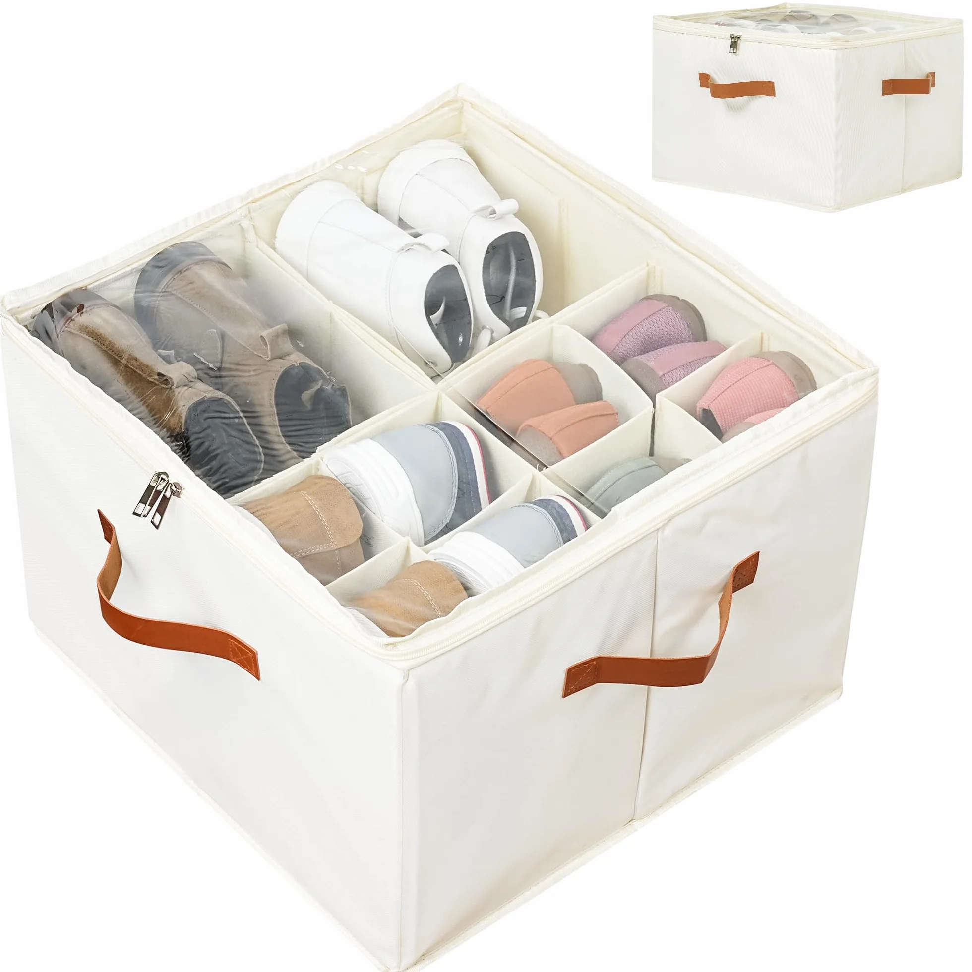 Winter Shore Regulowany beżowy organizer na buty do szafy - Pojemnik do przechowywania butów z przezroczystą pokrywą, możliwość dostosowania przegródek, wzmocnione uchwyty - Mieści do 16 par butów