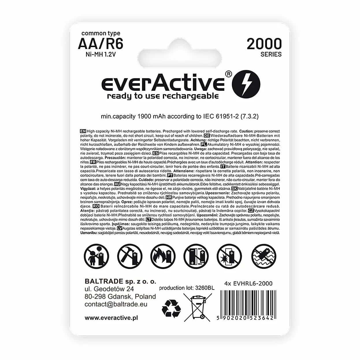 EverActive Akumulator Ni-MH 4 Sztuki do Wielokrotnego Ładowania, Szary, 2000 mAh