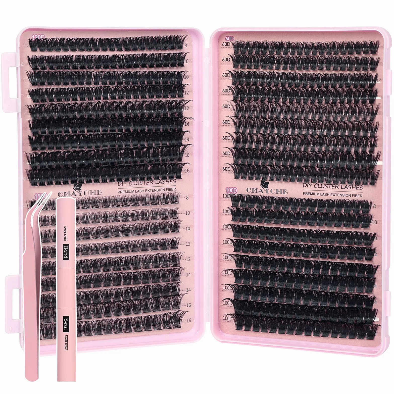 Aomig Zestaw do przedłużania rzęs, 722 szt., "zrób to sam", Cluster Lashes 8-16 mm, przyjazny dla środowiska materiał z efektem kociego oka, pęseta, klej, łącznie z rzęsami, naturalny wygląd, na co