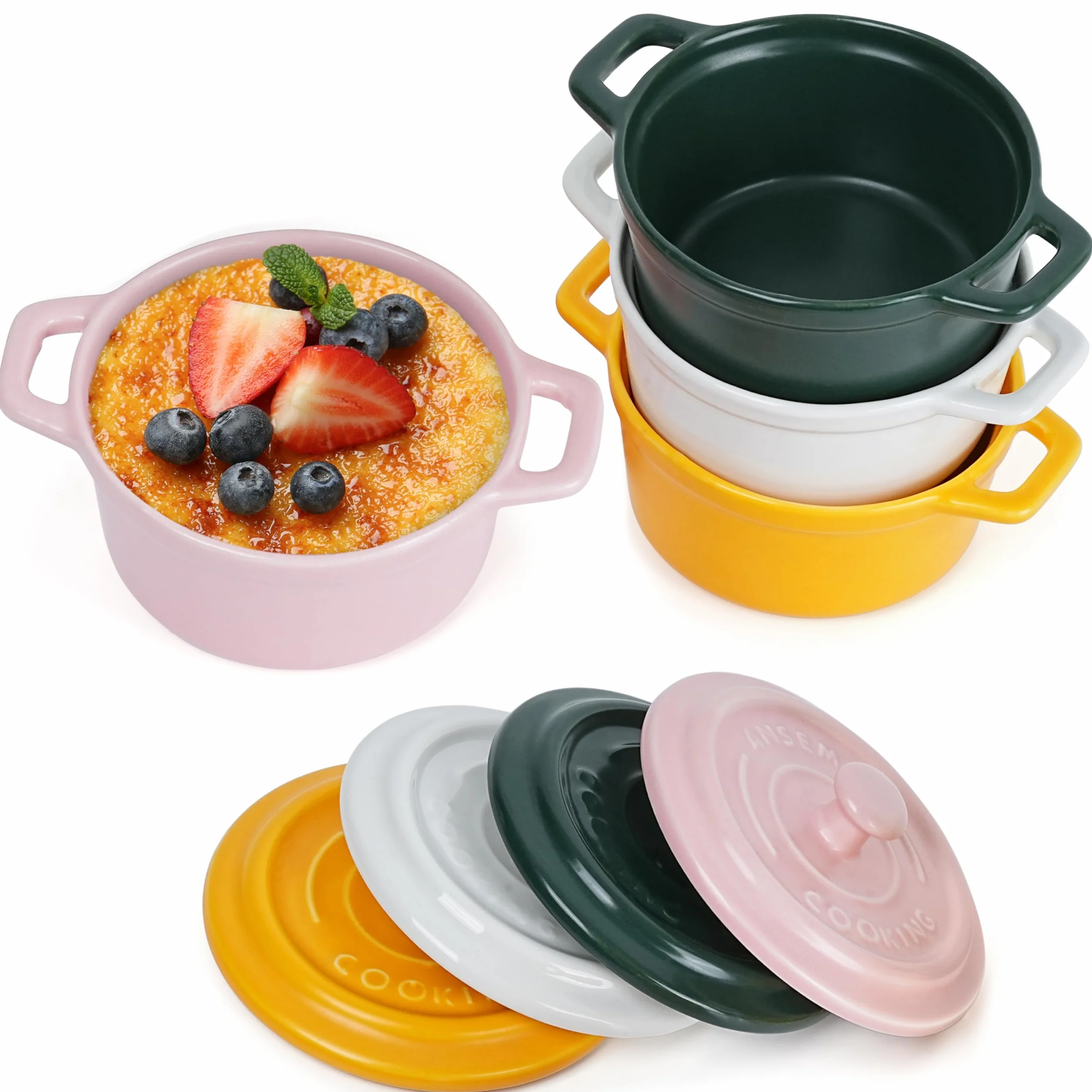 Ramekiny Porcelanowe 270ml z Pokrywkami 4 szt. Do Sufletów Zapiekanek Bezpieczne w Piecu Mikrofali Zamrażarce Zmywarce