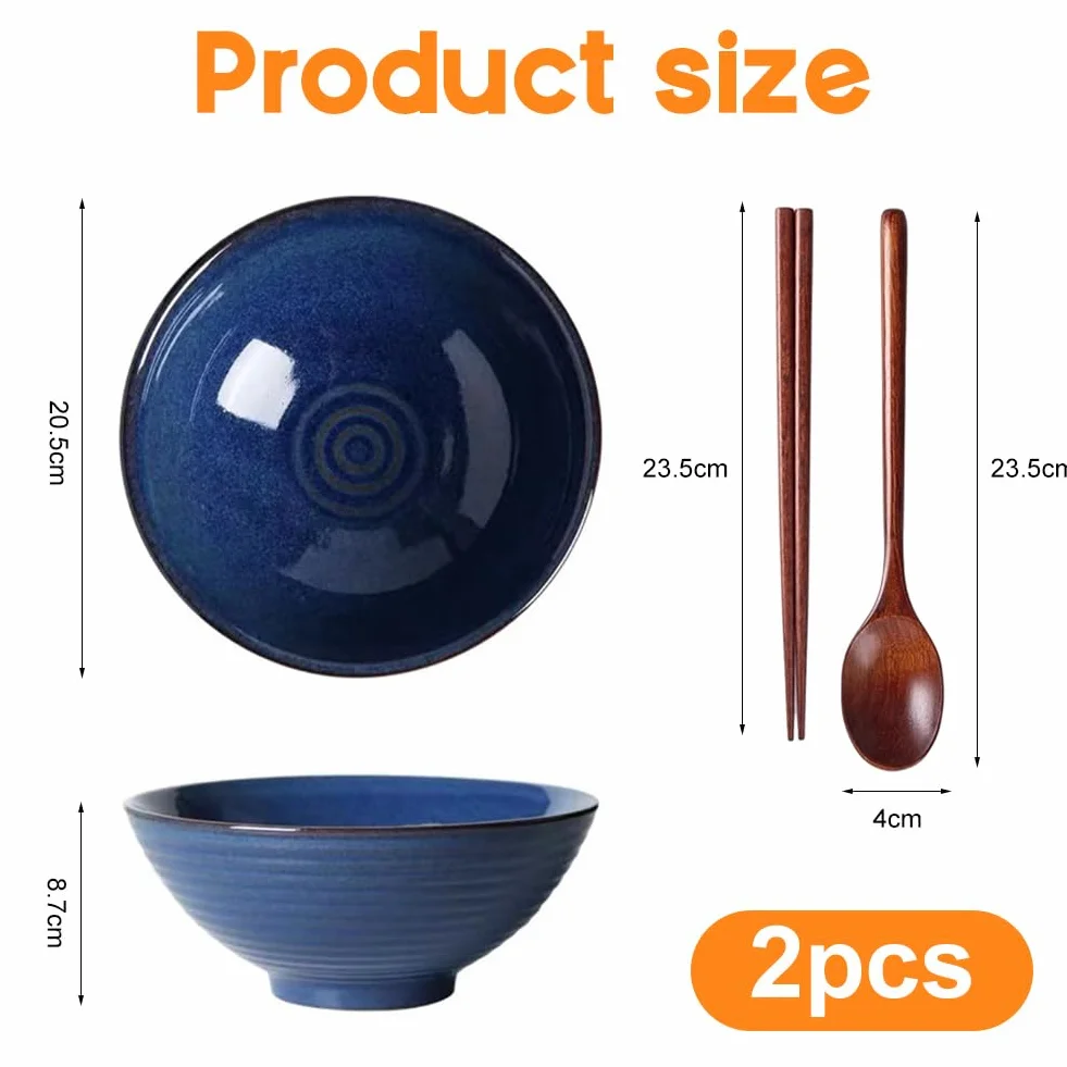 Zestaw misek Ramen, 2-częściowy zestaw misek do ramen z ceramiki, 1200 ml, z pałeczkami i łyżeczkami, duża miska na zupę, ramenu, makaronu, sałatki owocowej (niebieski)