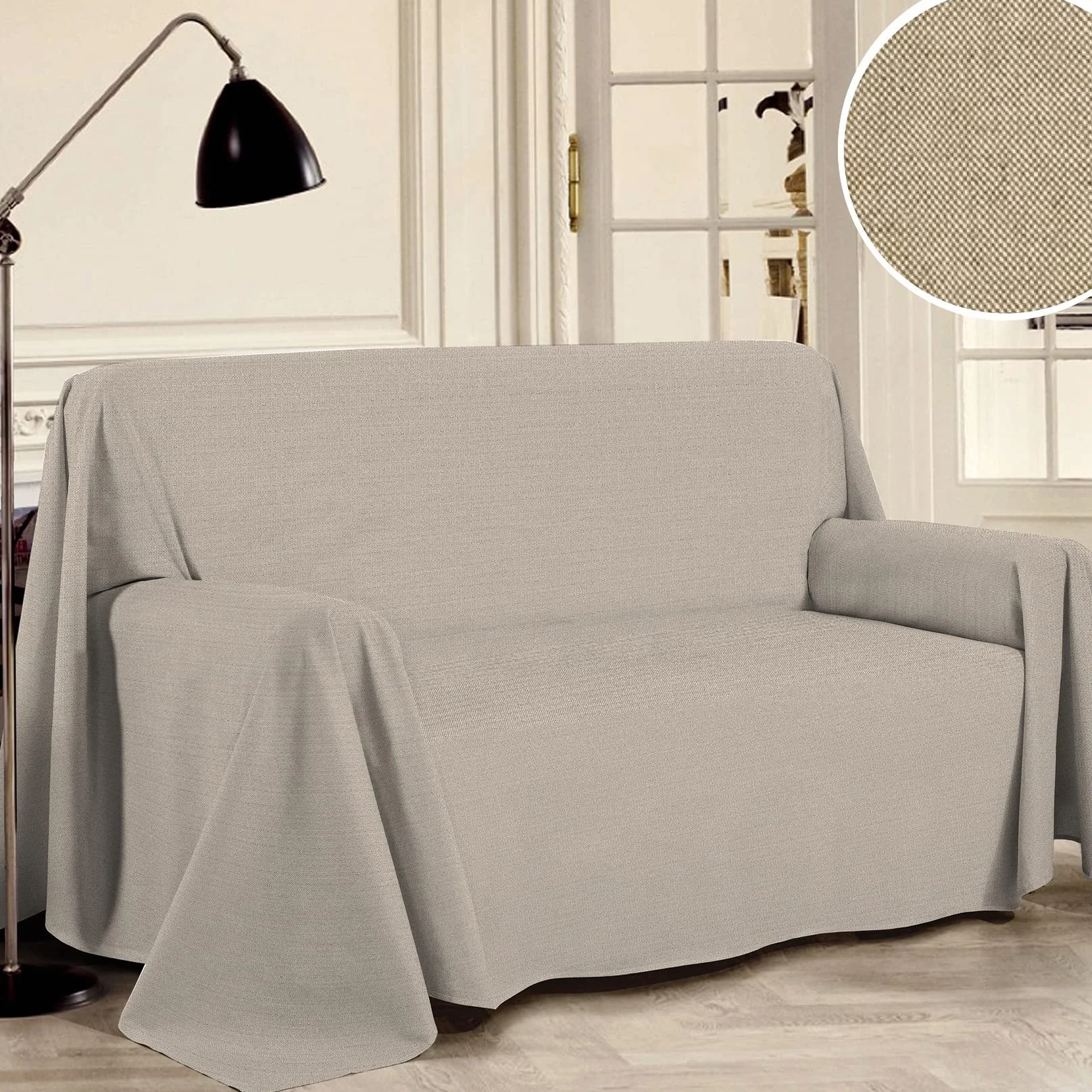 PENSIERI DELICATI Ręcznik na sofę 220 x 290 cm Made in Italy, 100% czysta bawełna z recyklingu barwiona nicią, jednolity kolor beżowy, idealny jako ręcznik meblowy, oszczędzający sofę, koc piknikowy