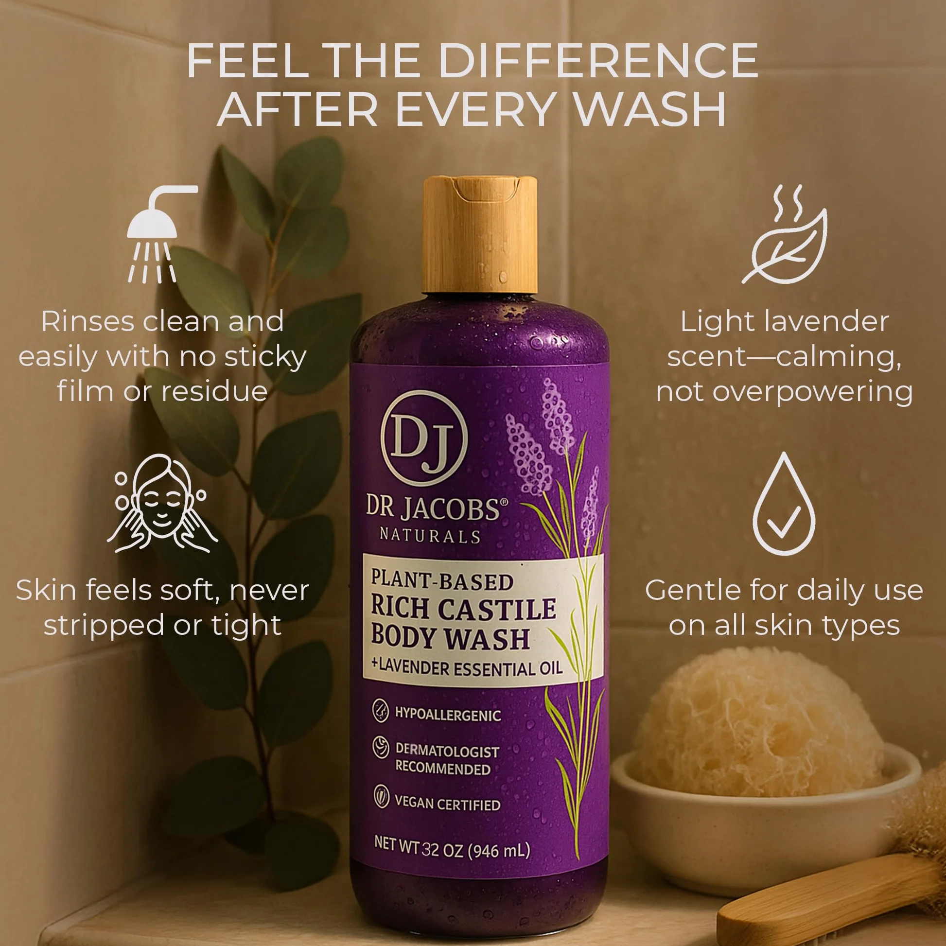 DR.JACOBS NATURALS Kastylia, czyste mydło w płynie, bez oleju palmowego i GMO, naturalny żel do kąpieli do twarzy i ciała, bez parabenów, siarczanów, syntetyki, gltuen, lawenda, 32 uncje