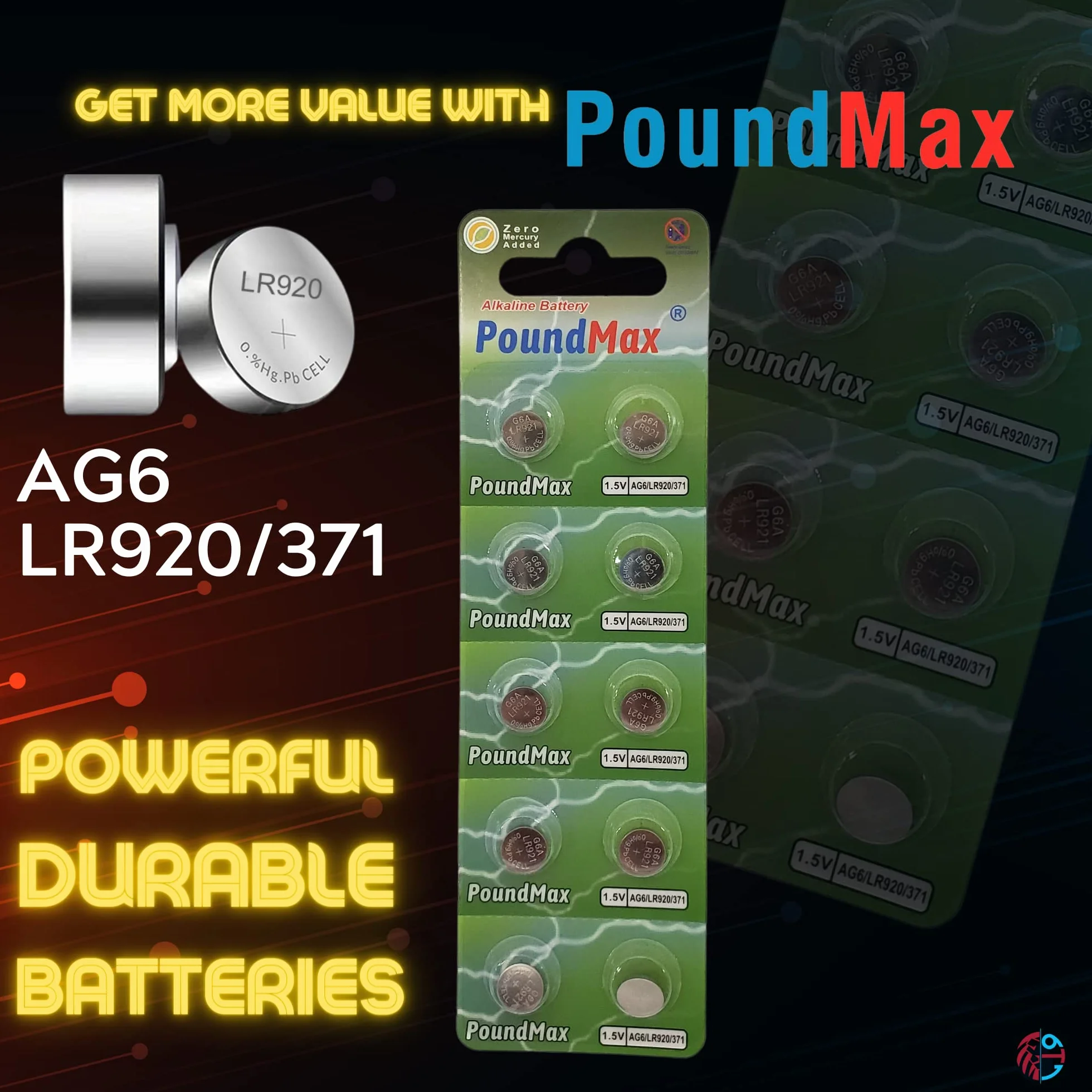 10 x AG6 370 371 LR921 LR69 SR920SW LR920 1,5 V PoundMax alkaliczna bateria guzikowa