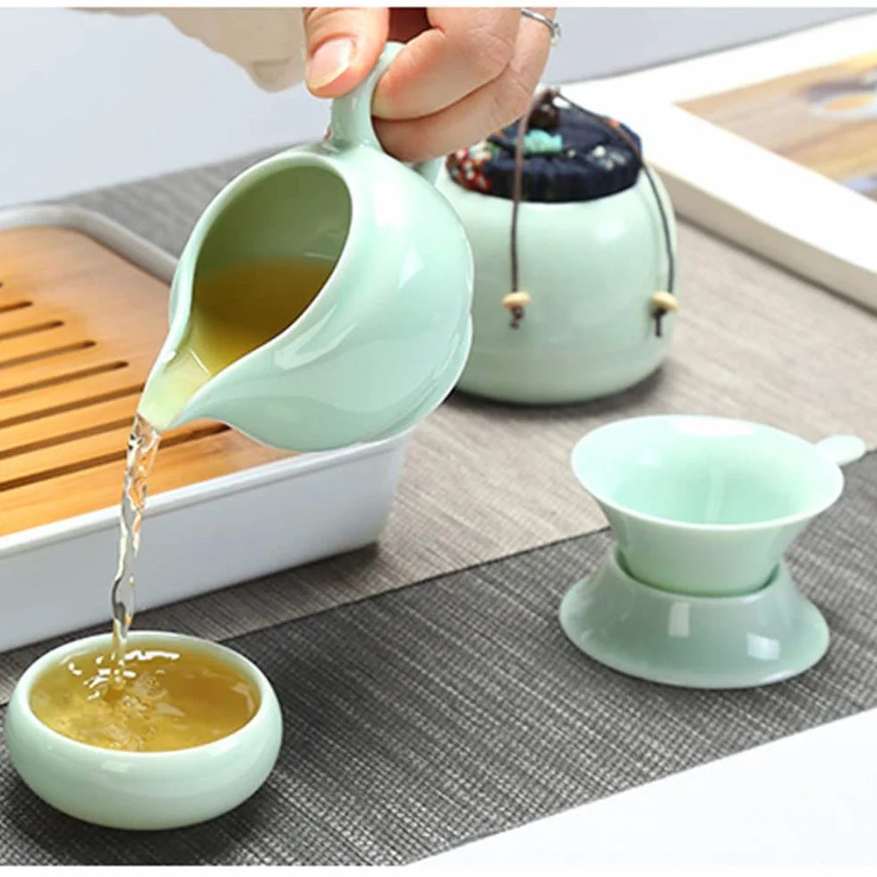 Fanquare Przenośny Zestaw do Herbaty Kungfu Porcelanowy Czajniczek Filiżanki Bambusowa Taca Torba Podróżna Zielony