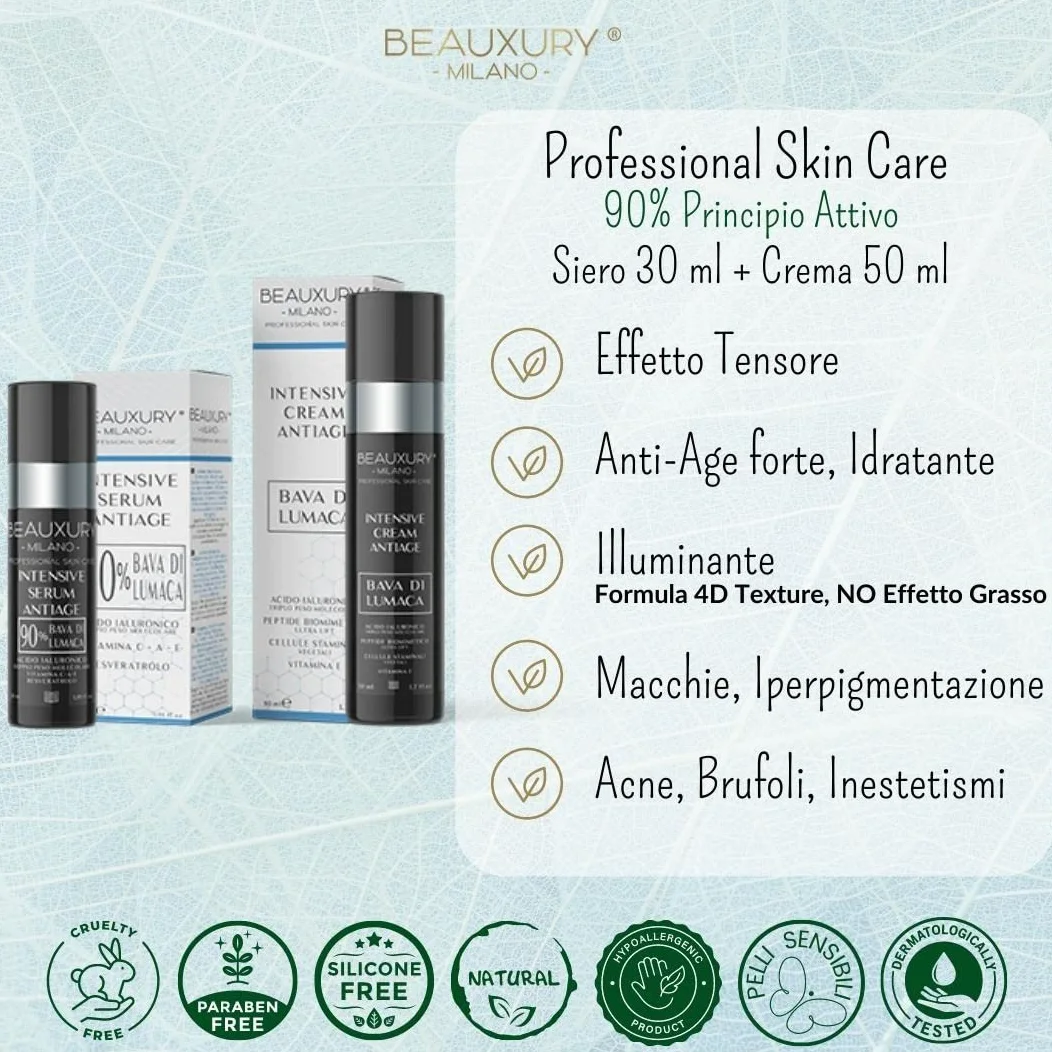 Beauxury Milano Serum przeciwzmarszczkowe do twarzy ze ślimakiem 90% i kremem przeciw starzeniu, efekt unoszący się i unoszący się z kwasem hialuronowym – zestaw Normalizujący Sebo, idealny do skóry