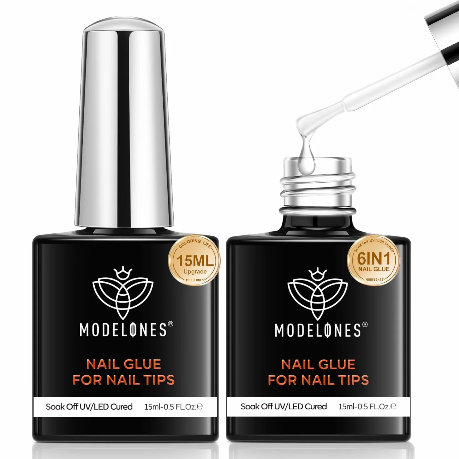 Modelones Klej do Sztucznych Paznokci 6 w 1 - 2 x 15 ml, Bardzo Mocny do Tipsów Żelowych, z Pędzlem, Wymaga Utwardzania Pod Lampą UV
