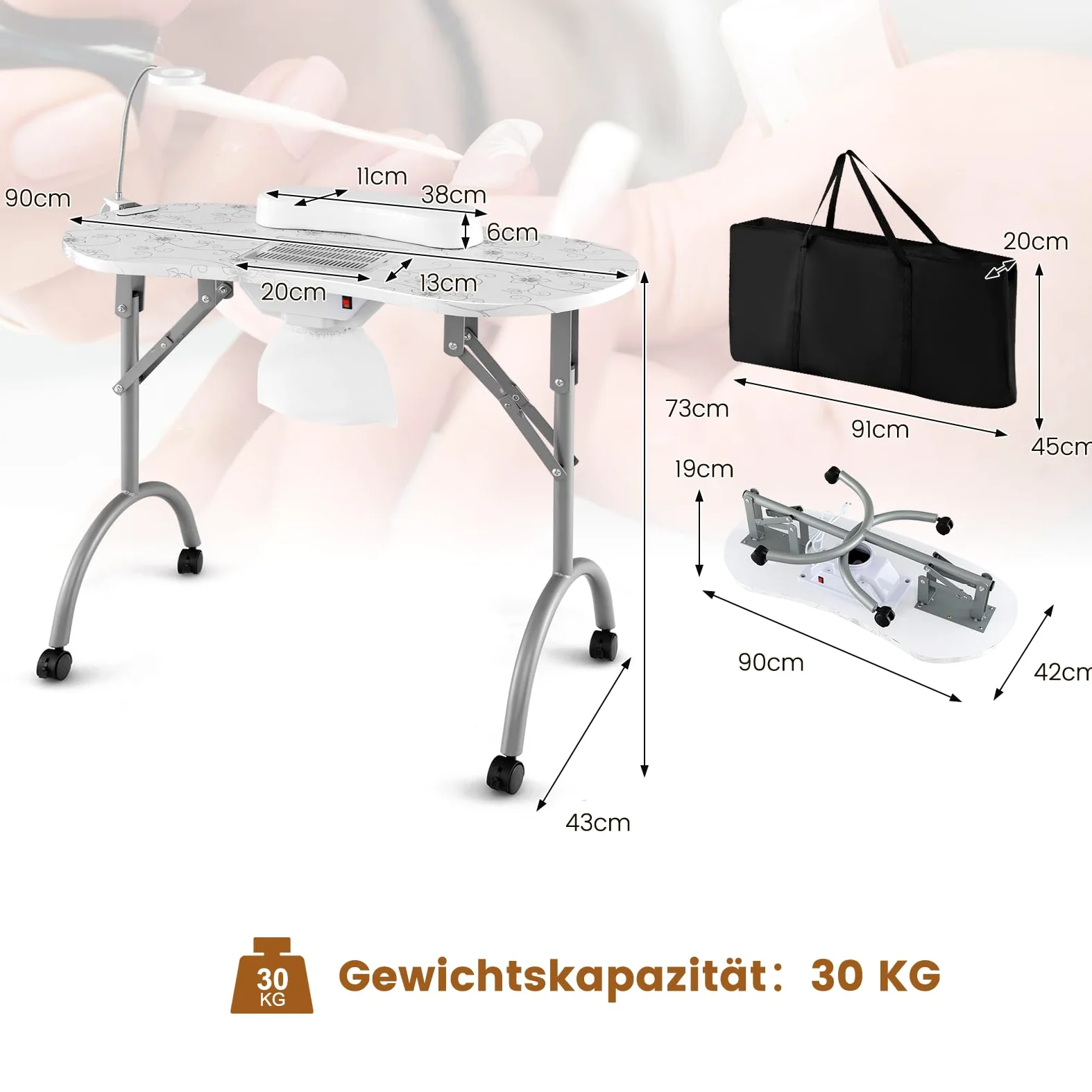 COSTWAY Stół do manicure, składany, stolik na paznokcie z elektrycznym odpylaczem lampą LED, podkładka na nadgarstek, torba do przenoszenia i rolki, stół do manicure o wyglądzie marmuru (biały)