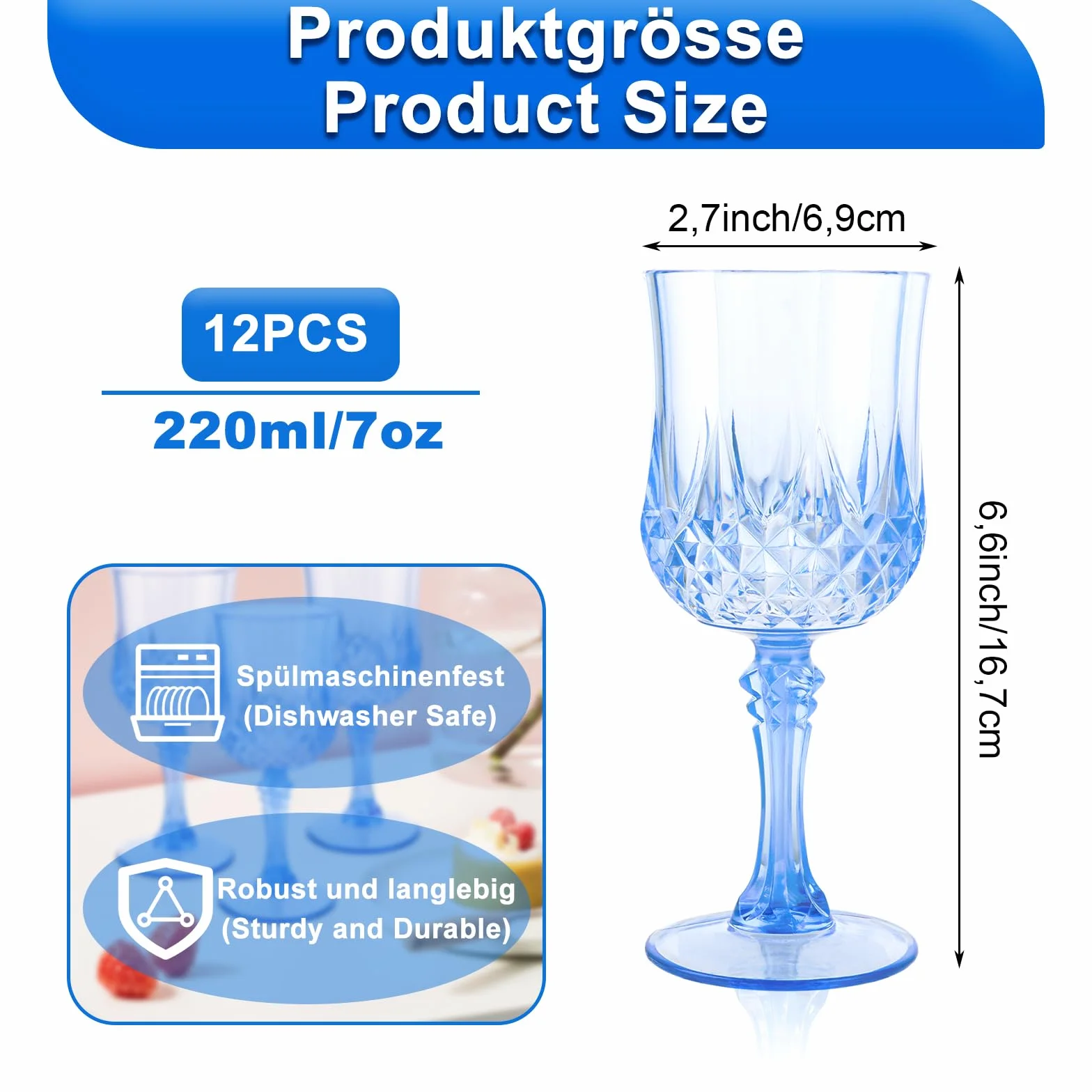 12 sztuk kieliszków do wina z tworzywa sztucznego 200 ml, niebieskie kieliszki do wina, tworzywo sztuczne, z wytłoczonym tłoczeniem, na kemping, z trzonkiem, wielokrotnego użytku, plastikowe