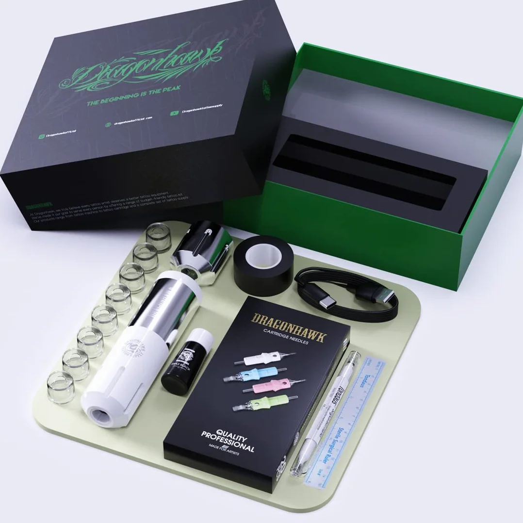Dragonhawk S1 Plus Zestaw maseczek do tatuażu bezprzewodowy długopis obrotowy maseczka do tatuażu pistolet do tatuażu tusz do tatuażu igły dla początkujących tatuaży (biały)