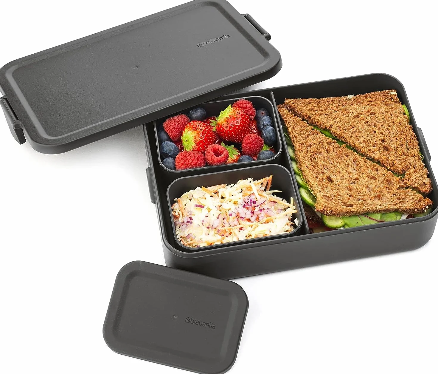 Brabantia - Make & Take Pojemnik na Lunch Bento - Duży - Wyjmowane Przegródki do Jedzenia - Pokrywka z Klipsami - Nadaje się do Zamrażarki, Zmywarki & do Mikrofalówki - Dark Grey - 26 x 17 x 6 cm