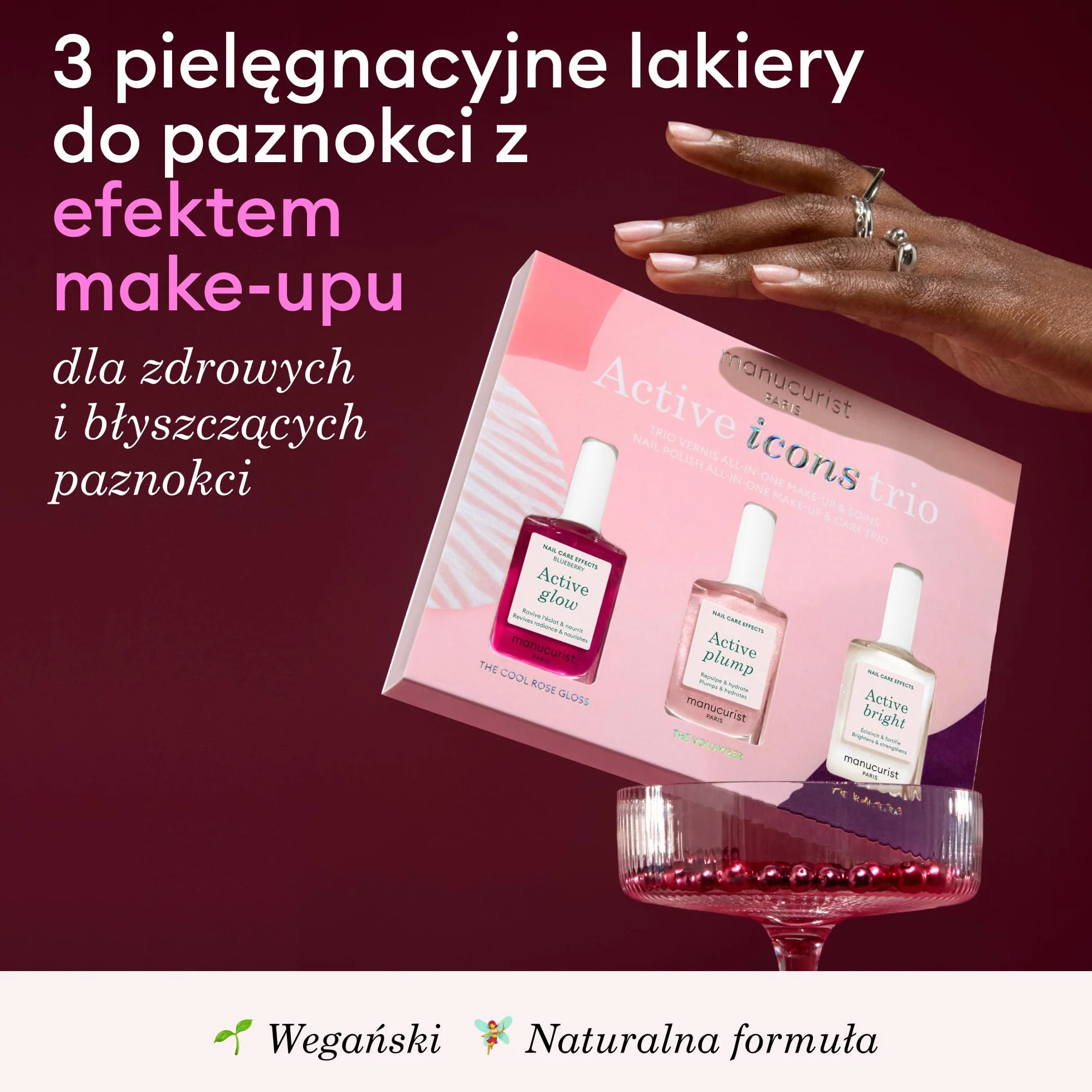Zestaw świąteczny Manucurist Active Icons Trio – lakiery do paznokci Active Glow Blueberry, Shine, Plump – odżywka wzmacniająca – rozświetlający zabieg – lakiery i pielęgnacja – prezenty