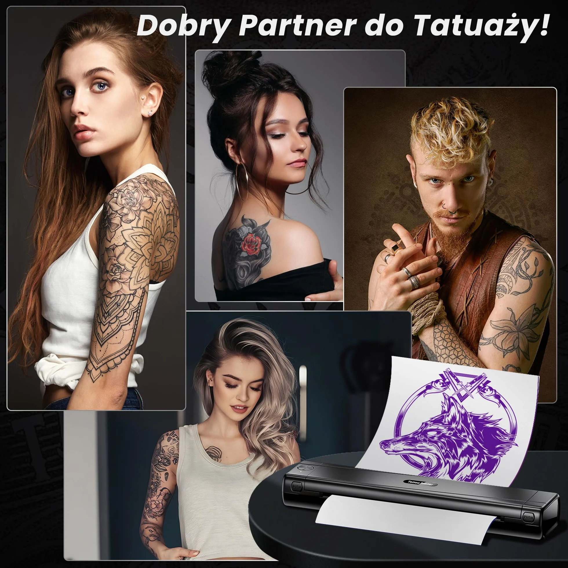 TATTMUSE Drukarka do tatuażu Bluetooth, drukarka szablonowa, 10 sztuk papieru, drukarka transferowa do tatuażu ze smartfonem, PC, drukarka termiczna dla artystów tatuażu i początkujących